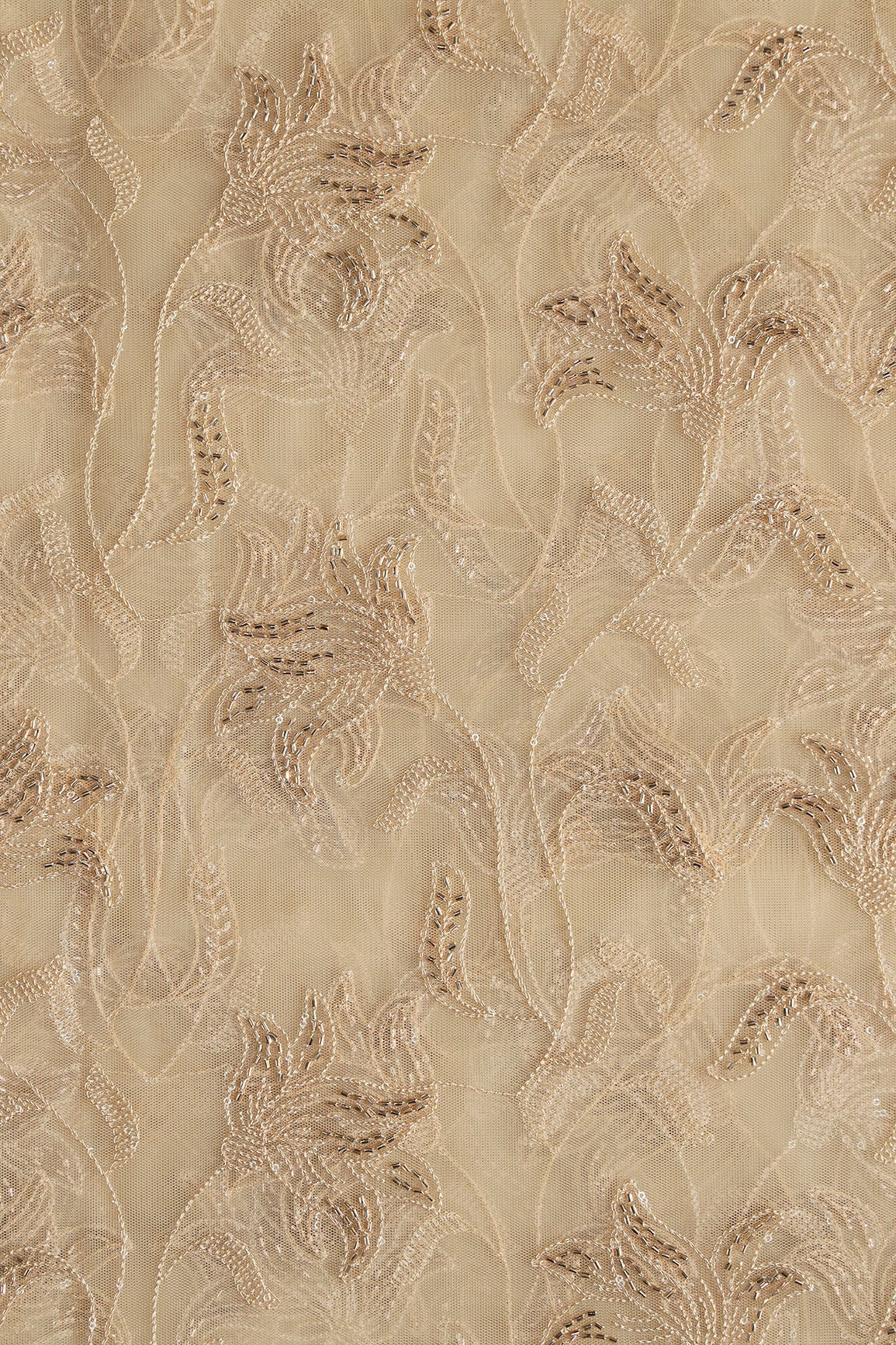 Beige Thread & Beads With Water Sequins Floral Leafy Embroidery Work On Beige Soft Net Fabric - doeraa