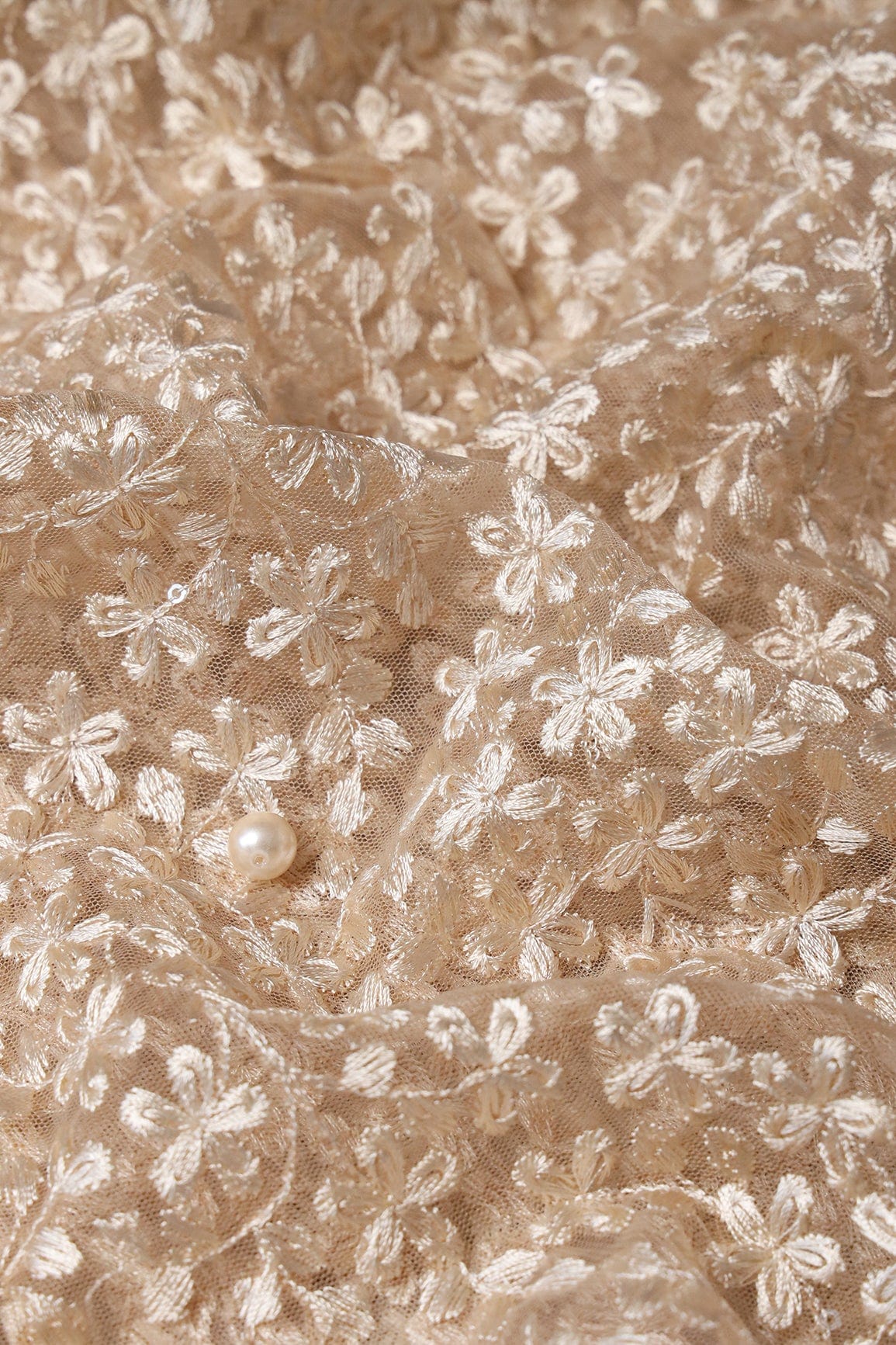 Beige Thread Heavy Floral Embroidery On Beige Soft Net Fabric With Border - doeraa