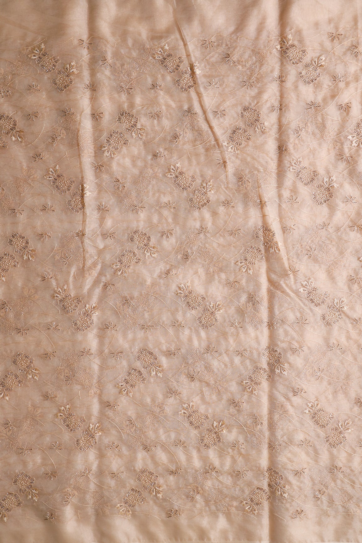 Beige Thread With Beads Floral Embroidery On Beige Organza Fabric - doeraa