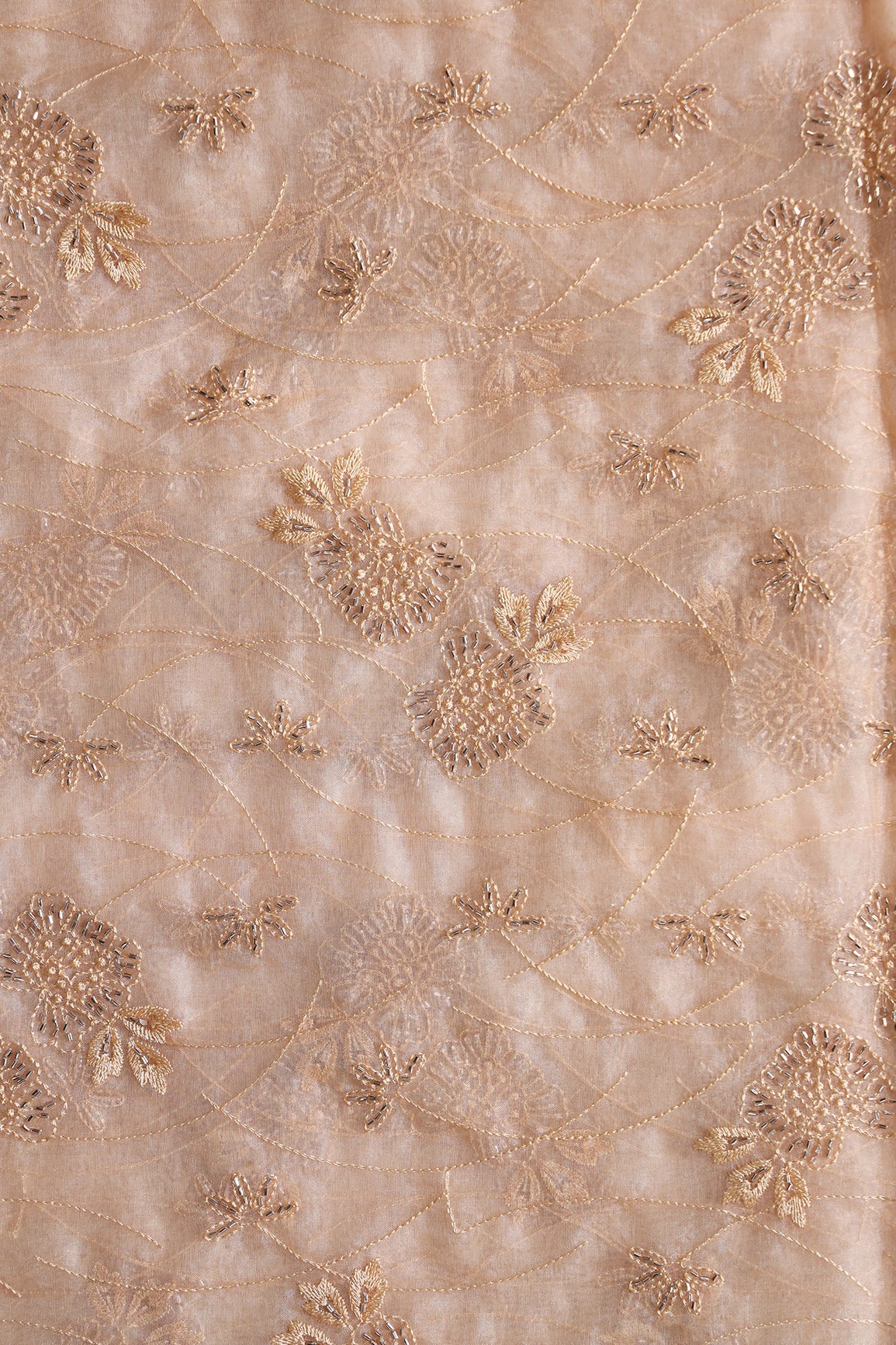 Beige Thread With Beads Floral Embroidery On Beige Organza Fabric - doeraa