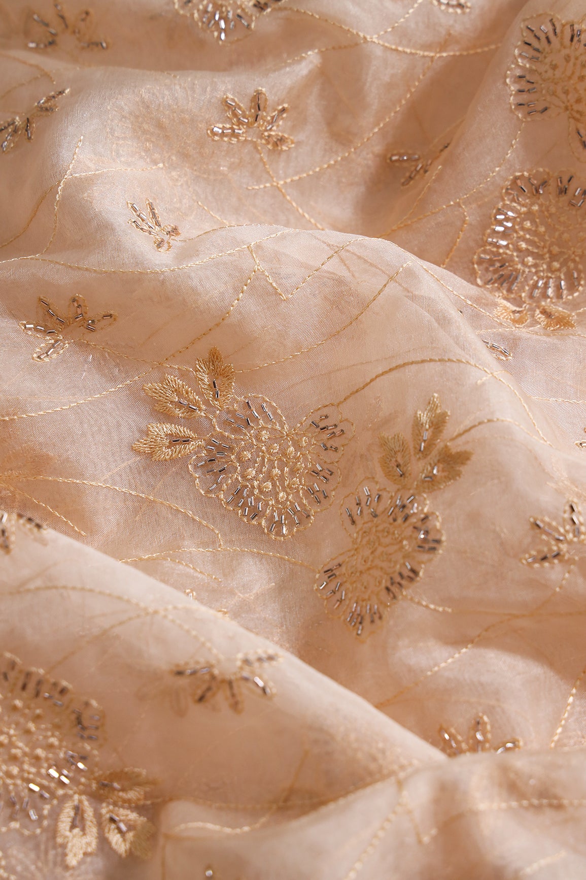 Beige Thread With Beads Floral Embroidery On Beige Organza Fabric - doeraa