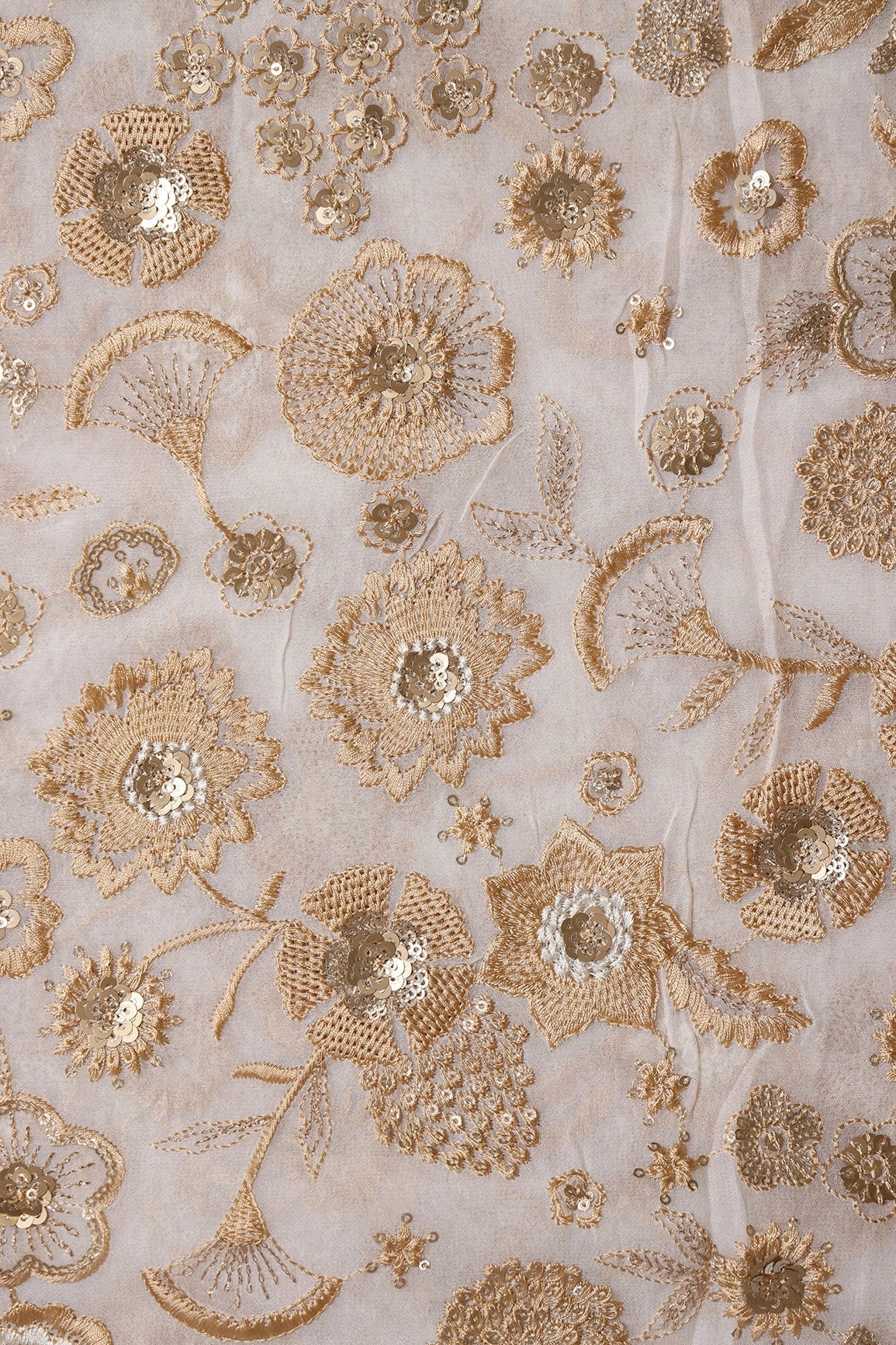 Beige Thread With Gold Sequins Embroidery On White Dyeable Viscose Georgette Fabric - doeraa