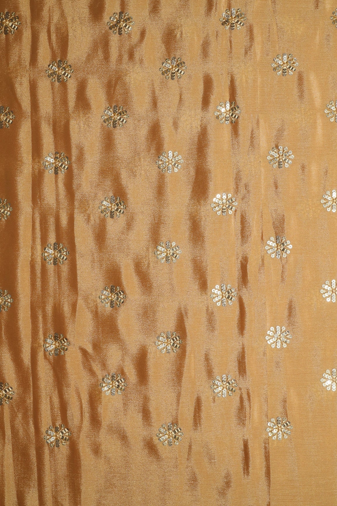 Beige Thread With Gold Sequins Floral Butta Embroidery Work On Beige Chinnon Chiffon Fabric - doeraa