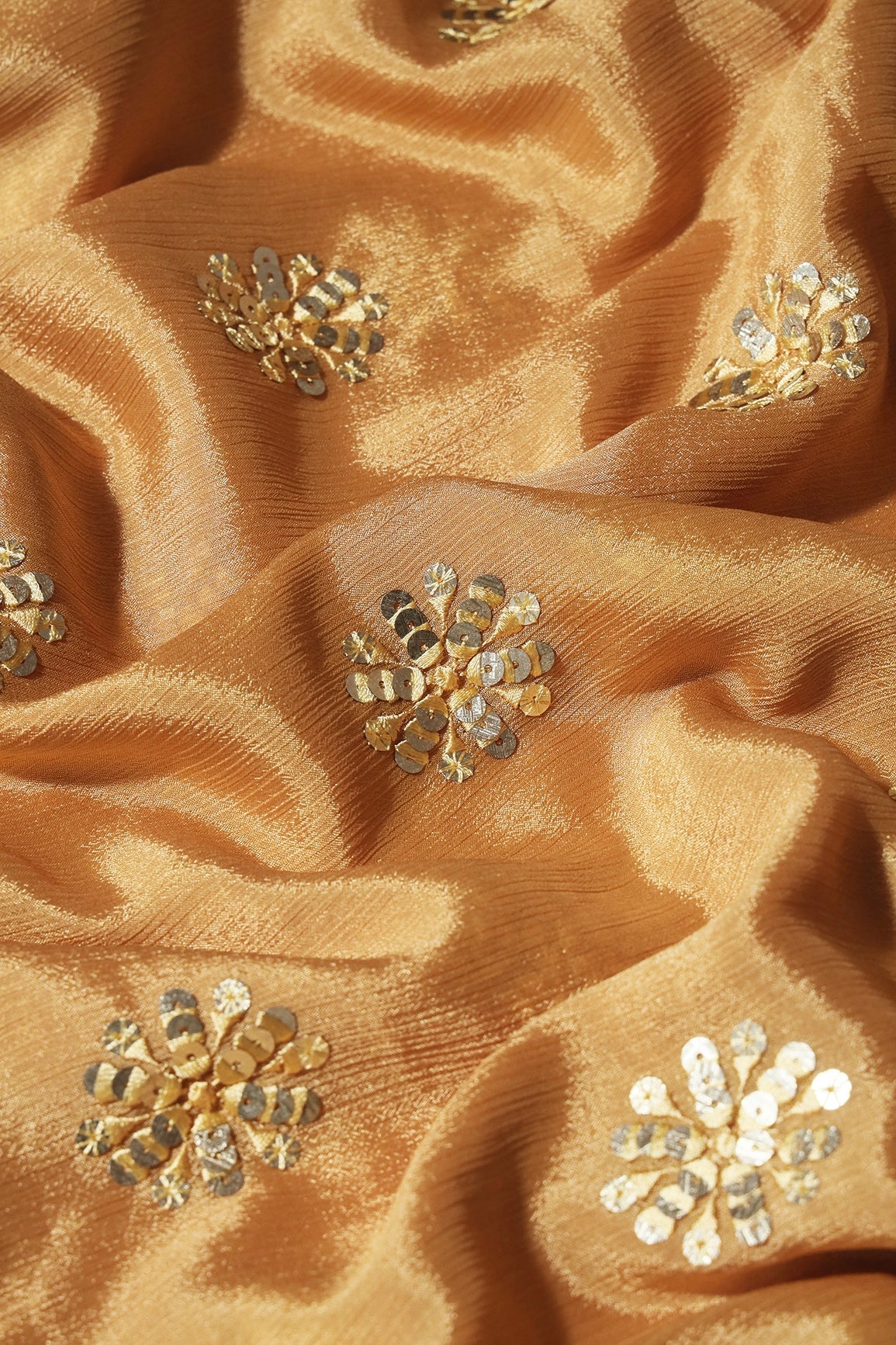 Beige Thread With Gold Sequins Floral Butta Embroidery Work On Beige Chinnon Chiffon Fabric - doeraa