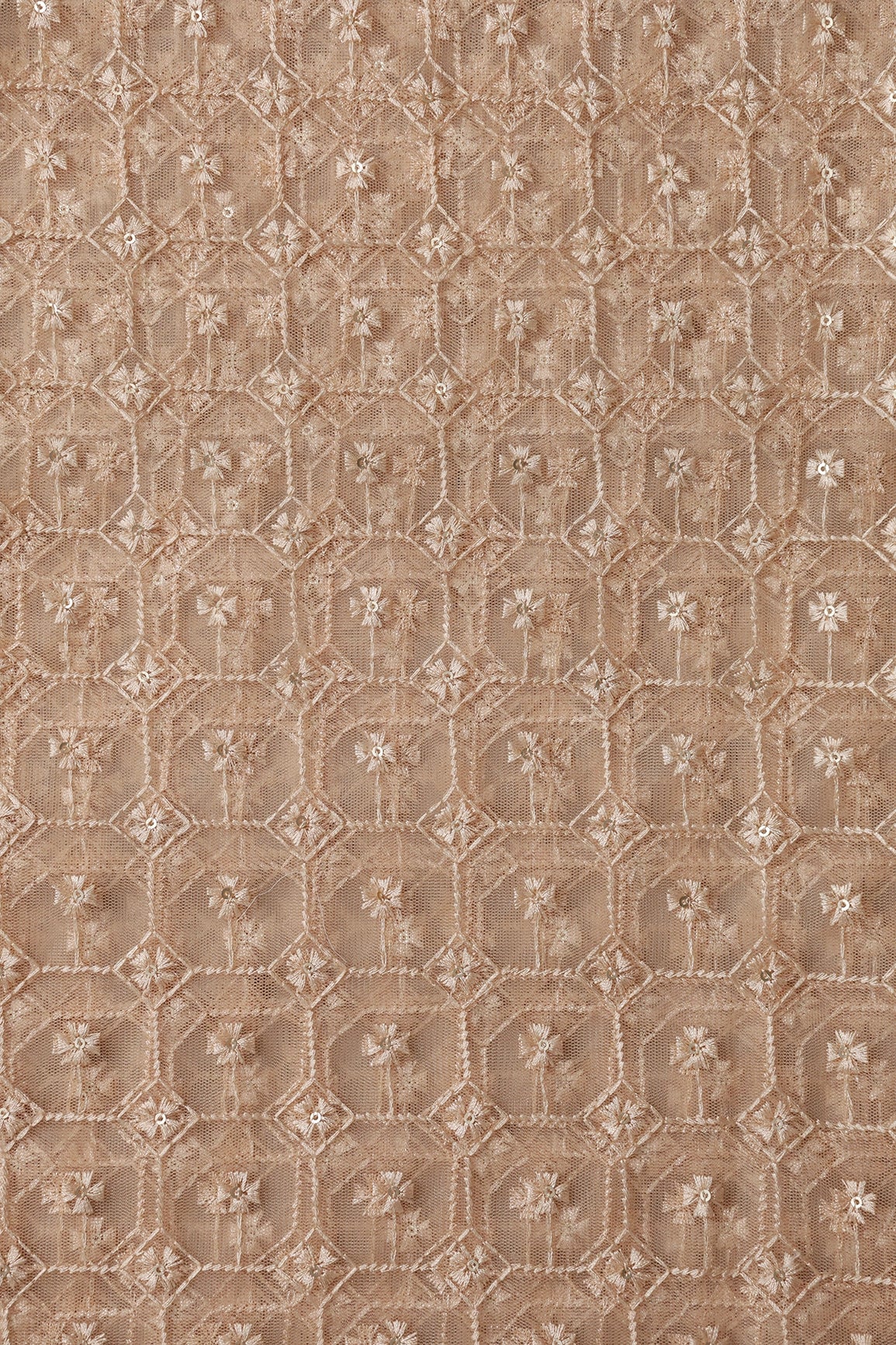 Beige Thread With Gold Sequins Geometric Embroidery On Beige Soft Net Fabric - doeraa