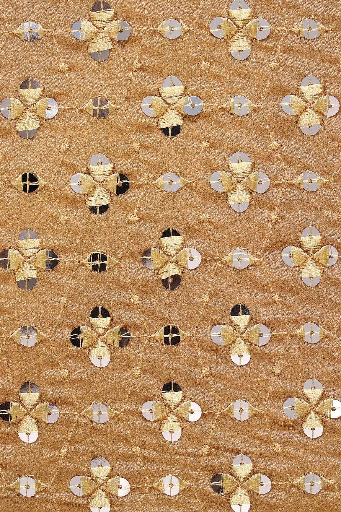 Beige Thread With Sequins Geometric Embroidery Work On Merigold Yellow Chinnon Chiffon Fabric - doeraa