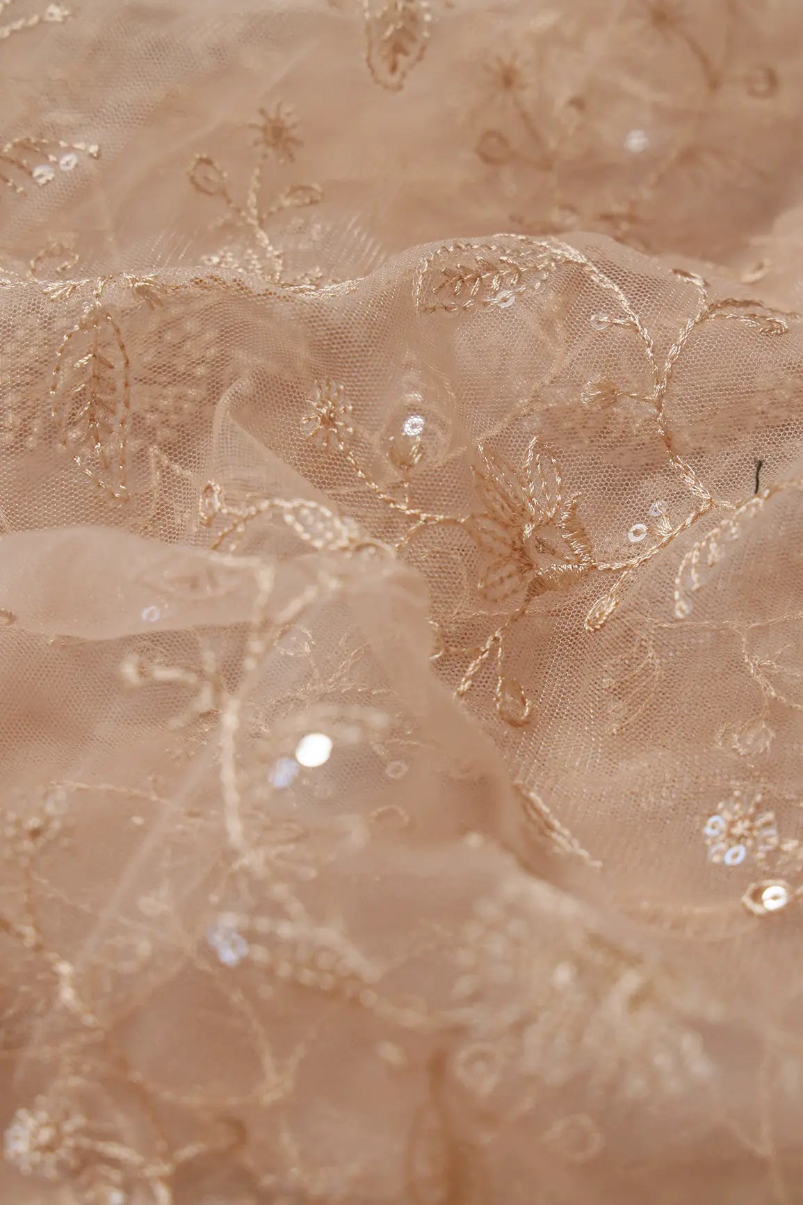 Beige Thread With Water Sequins Floral Embroidery On Beige Soft Net Fabric - doeraa
