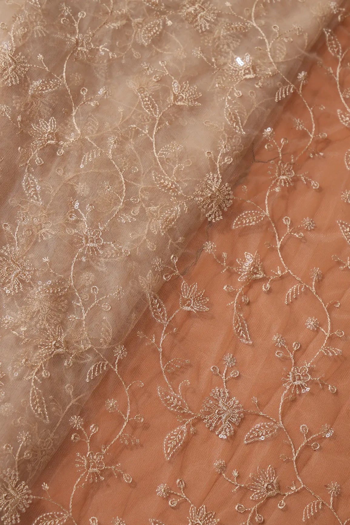 Beige Thread With Water Sequins Floral Embroidery On Beige Soft Net Fabric - doeraa