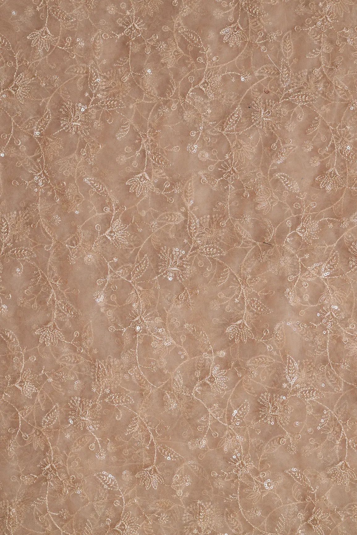 Beige Thread With Water Sequins Floral Embroidery On Beige Soft Net Fabric - doeraa