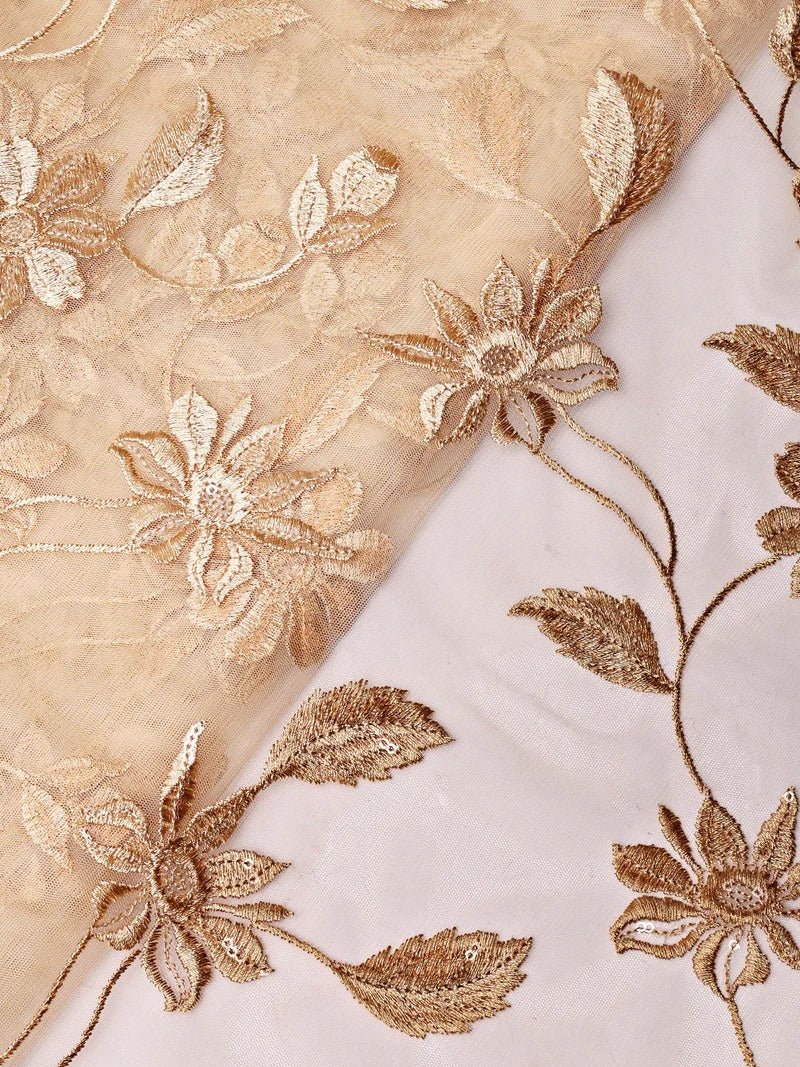 Beige Thread With Water Sequins Floral Embroidery On Beige Soft Net Fabric - doeraa