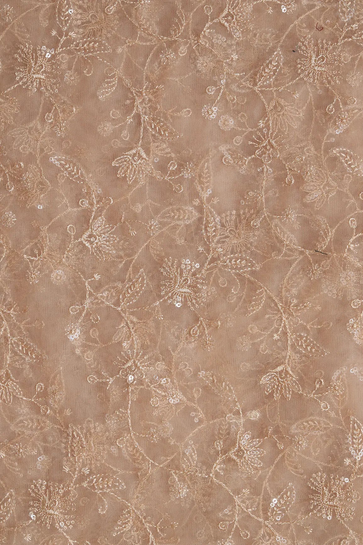 Beige Thread With Water Sequins Floral Embroidery On Beige Soft Net Fabric - doeraa