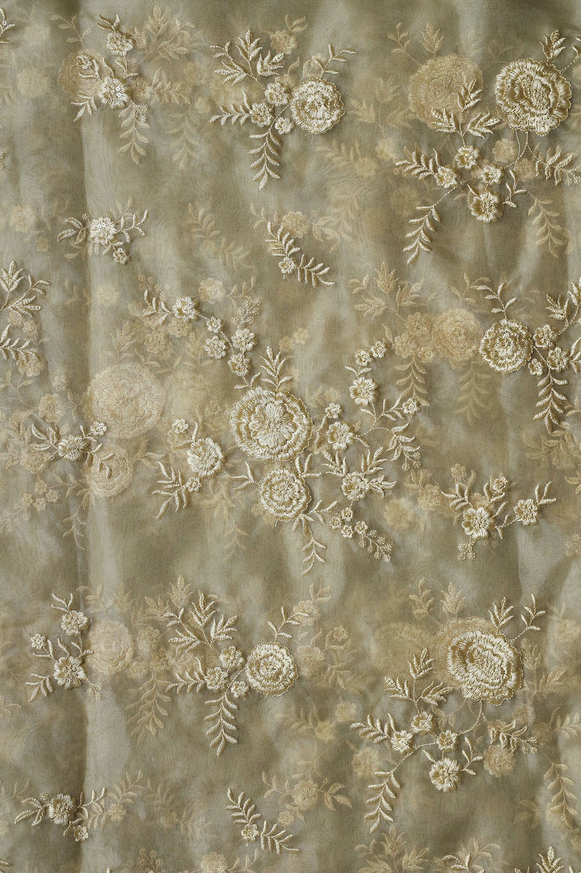 Beige Thread With Water Sequins Floral Embroidery Work On Beige Organza Fabric - doeraa