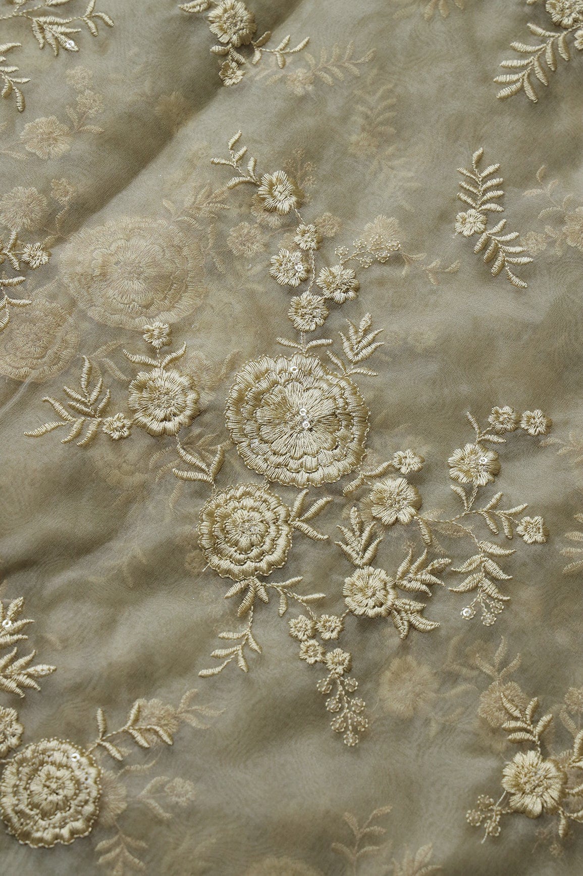 Beige Thread With Water Sequins Floral Embroidery Work On Beige Organza Fabric - doeraa