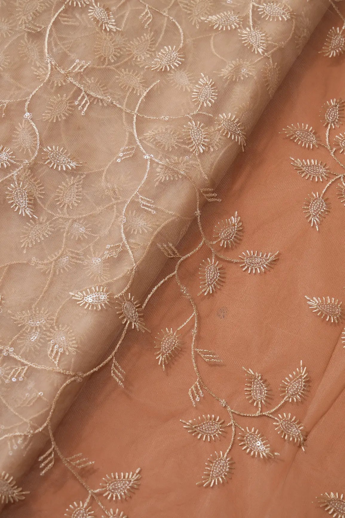 Beige Thread With Water Sequins Leafy Embroidery On Beige Soft Net Fabric - doeraa