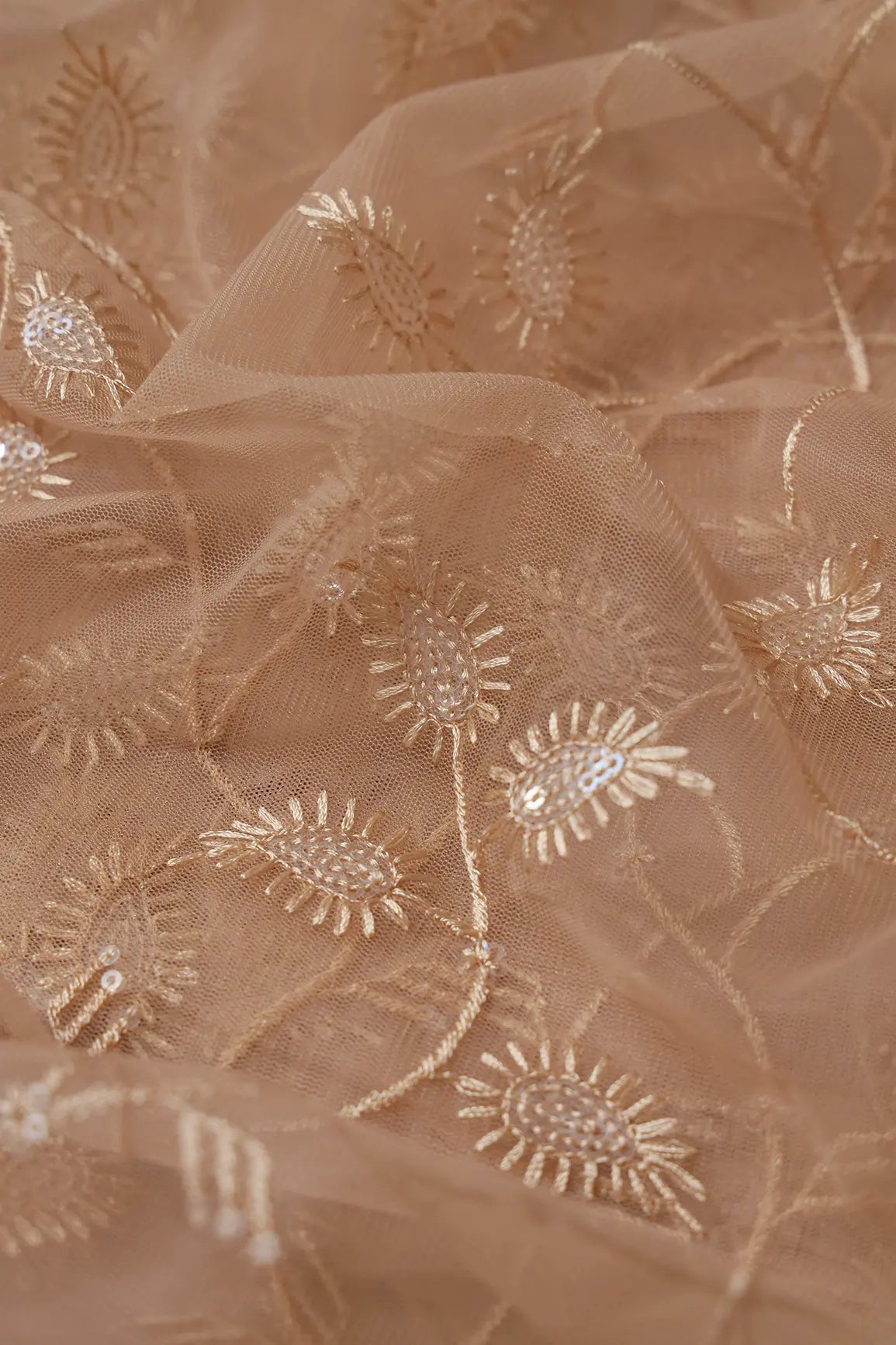 Beige Thread With Water Sequins Leafy Embroidery On Beige Soft Net Fabric - doeraa