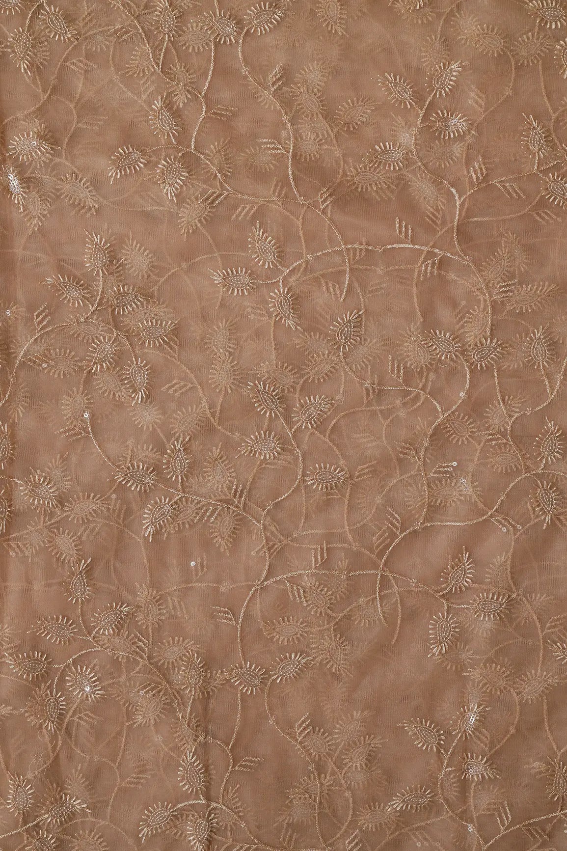 Beige Thread With Water Sequins Leafy Embroidery On Beige Soft Net Fabric - doeraa