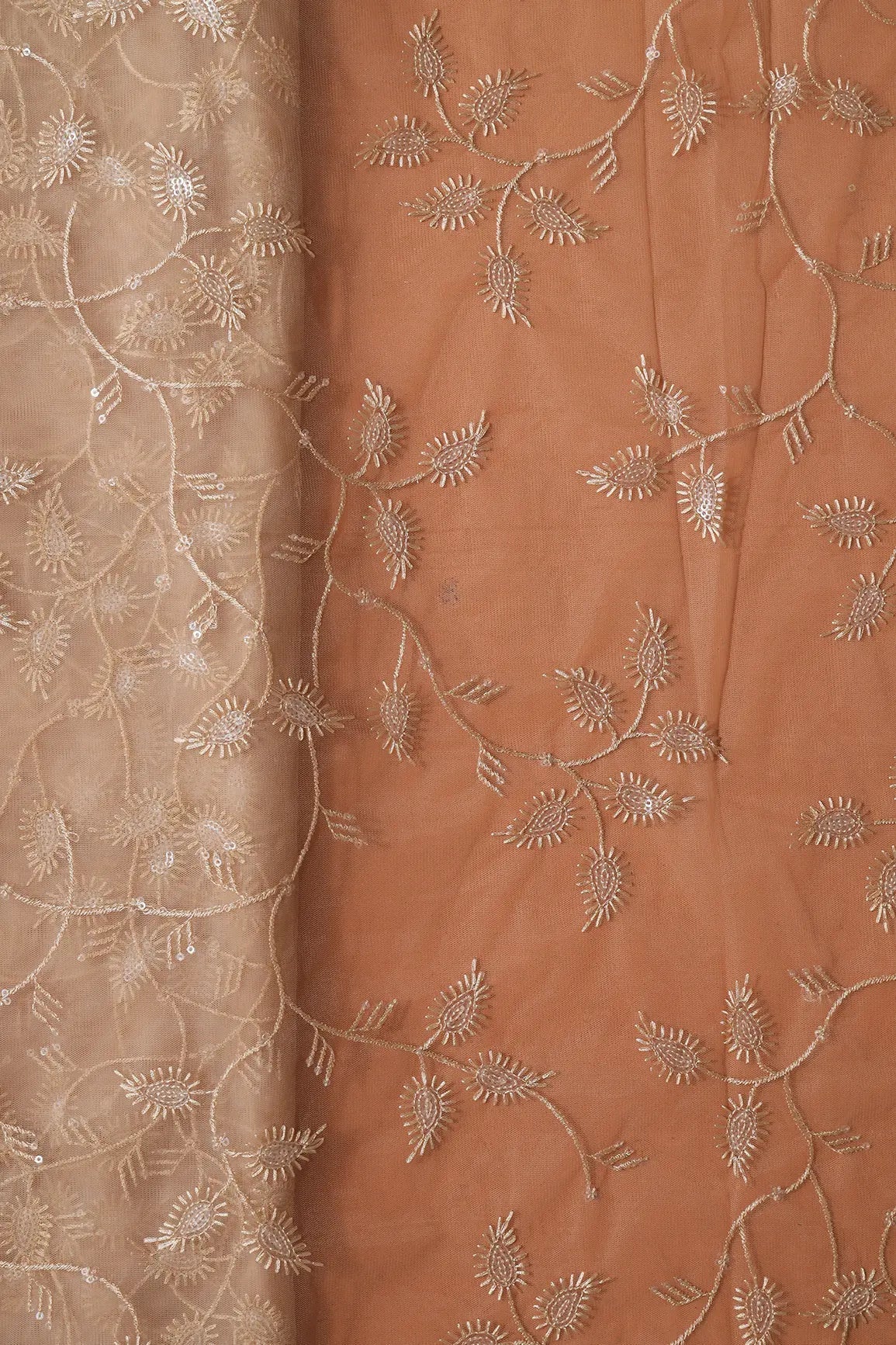 Beige Thread With Water Sequins Leafy Embroidery On Beige Soft Net Fabric - doeraa