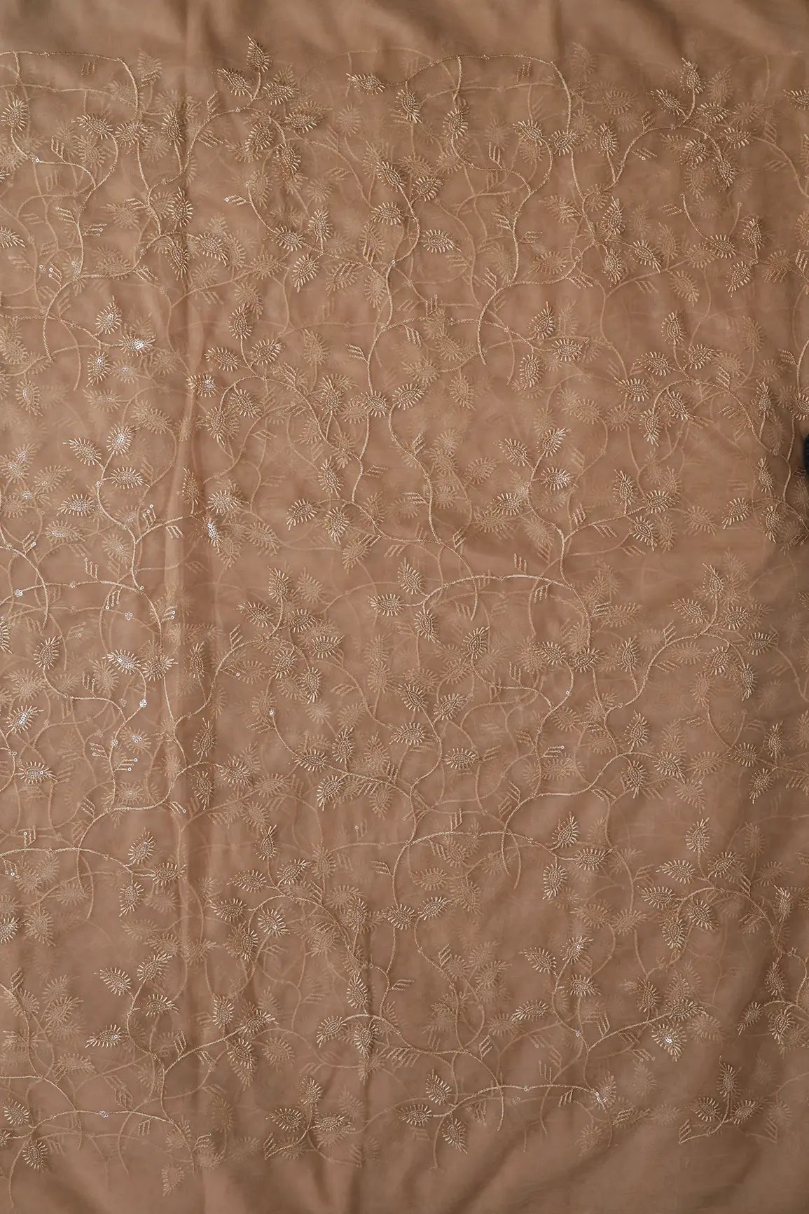 Beige Thread With Water Sequins Leafy Embroidery On Beige Soft Net Fabric - doeraa