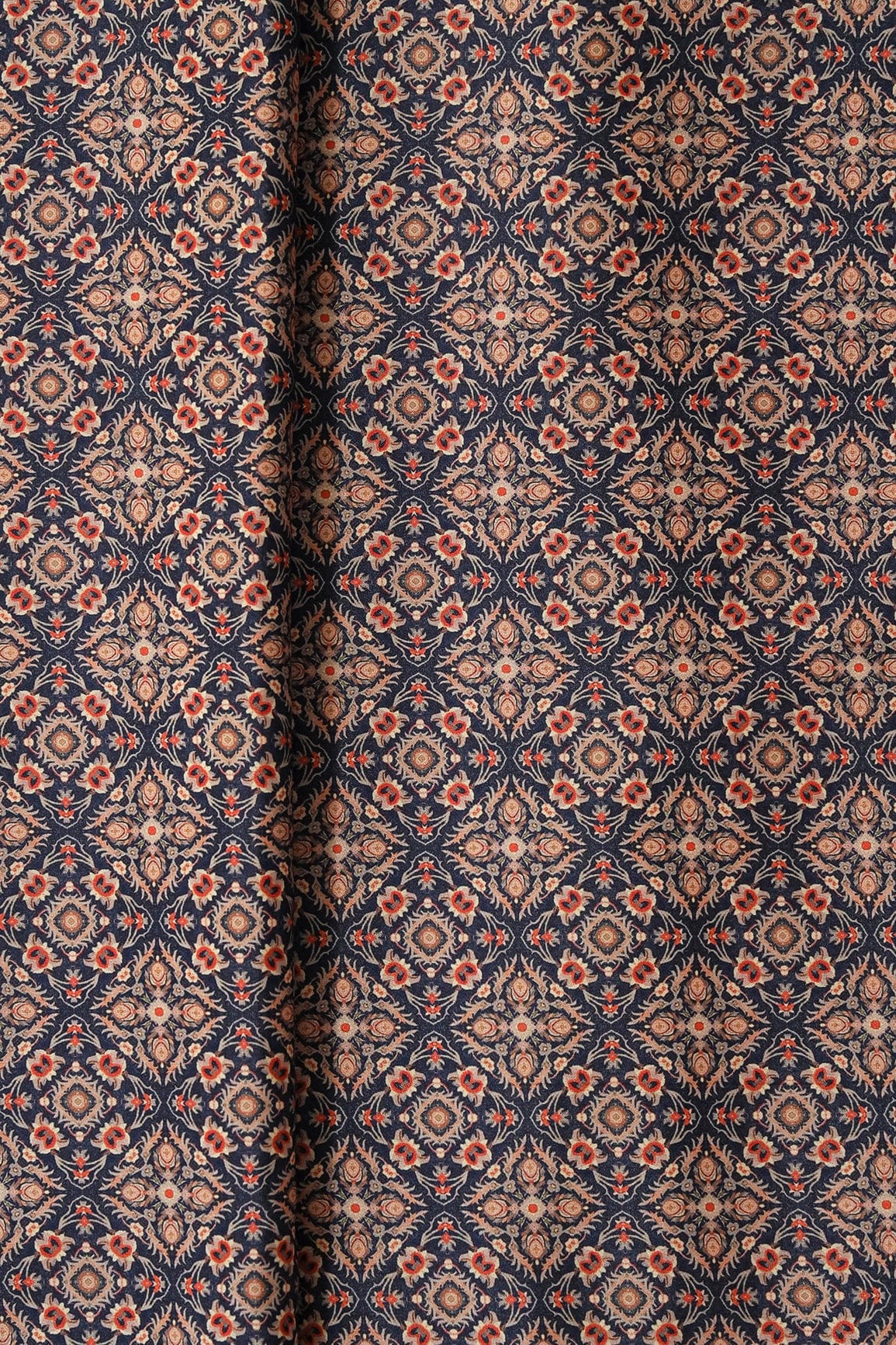 Beige Traditional Pattern Digital Print On Navy Blue French Crepe Fabric - doeraa