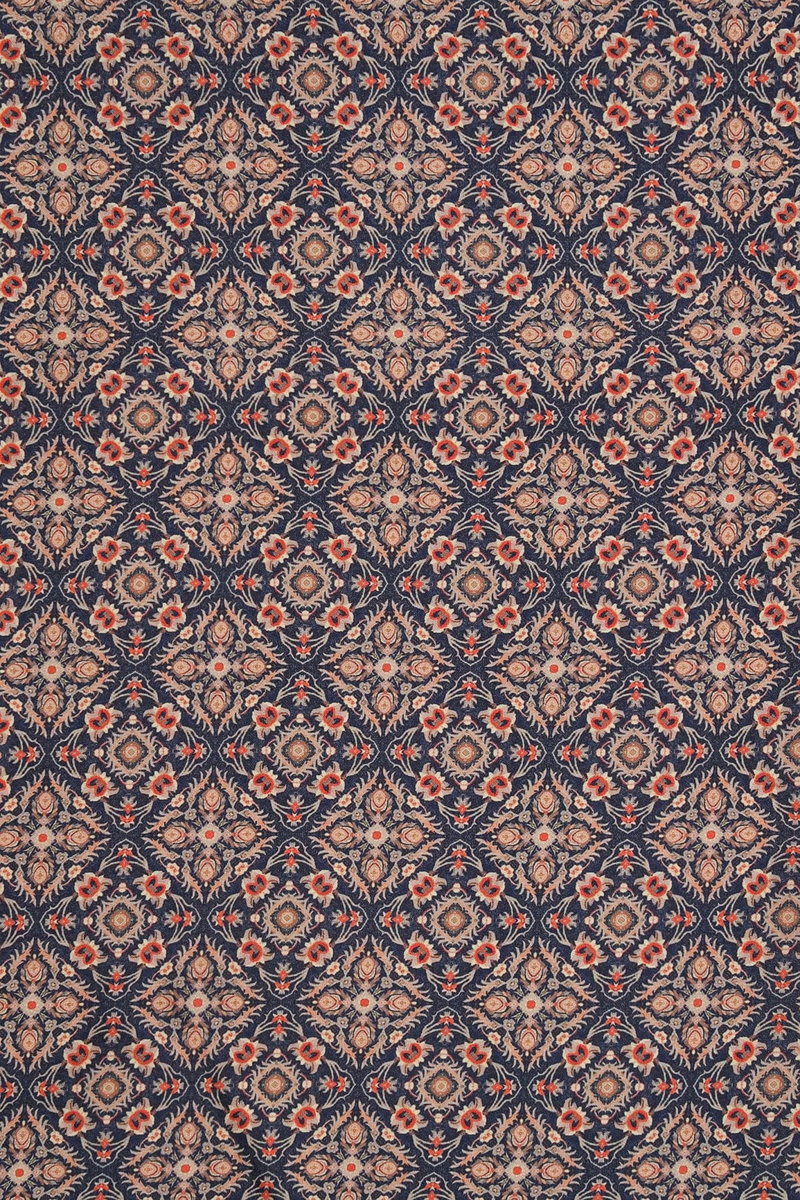 Beige Traditional Pattern Digital Print On Navy Blue French Crepe Fabric - doeraa
