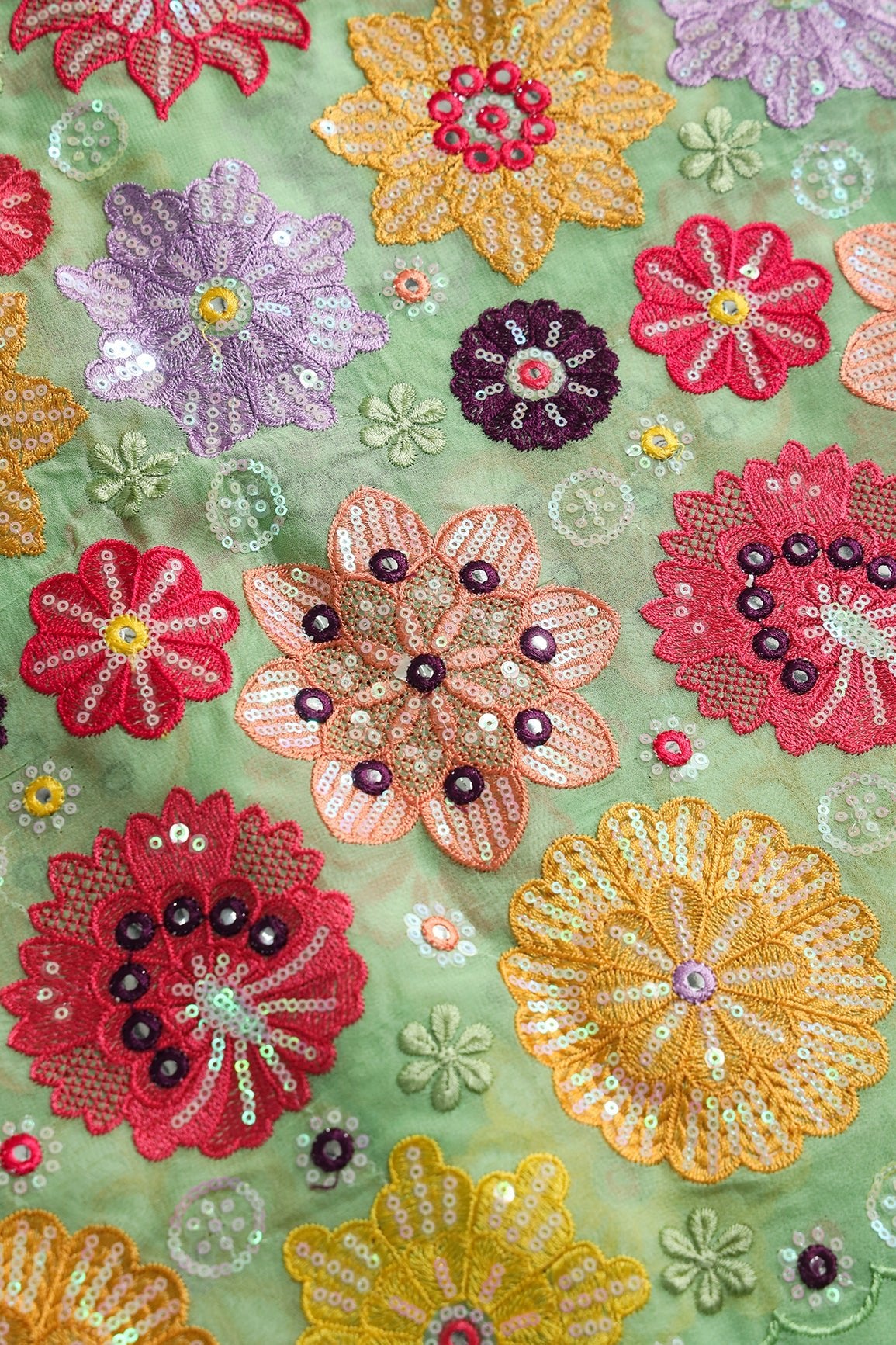 Big Width "52" Exclusive Floral Designer Embroidery With Faux Mirror On Olive Viscose Georgette Fabric - doeraa