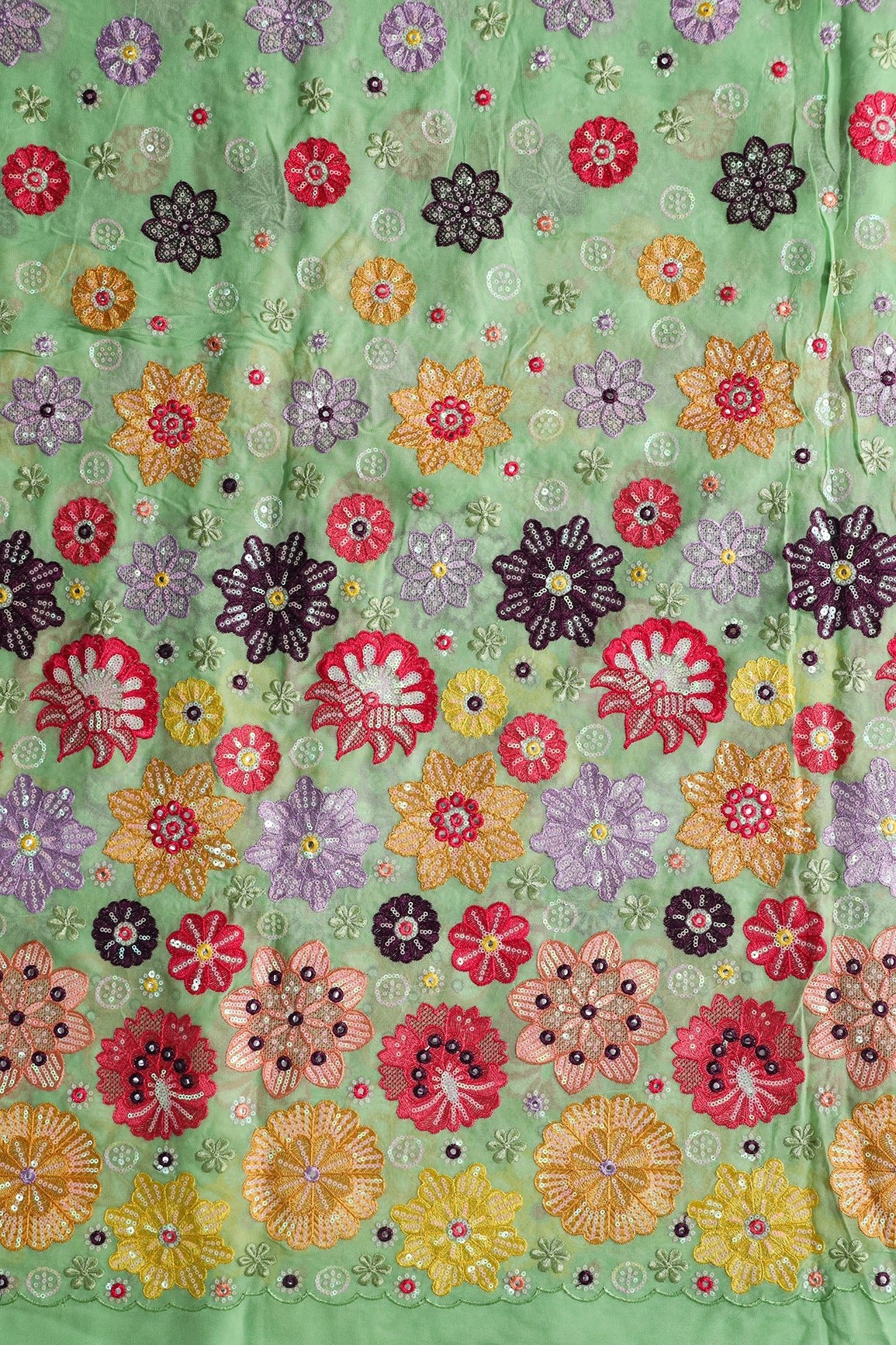 Big Width "52" Exclusive Floral Designer Embroidery With Faux Mirror On Olive Viscose Georgette Fabric - doeraa