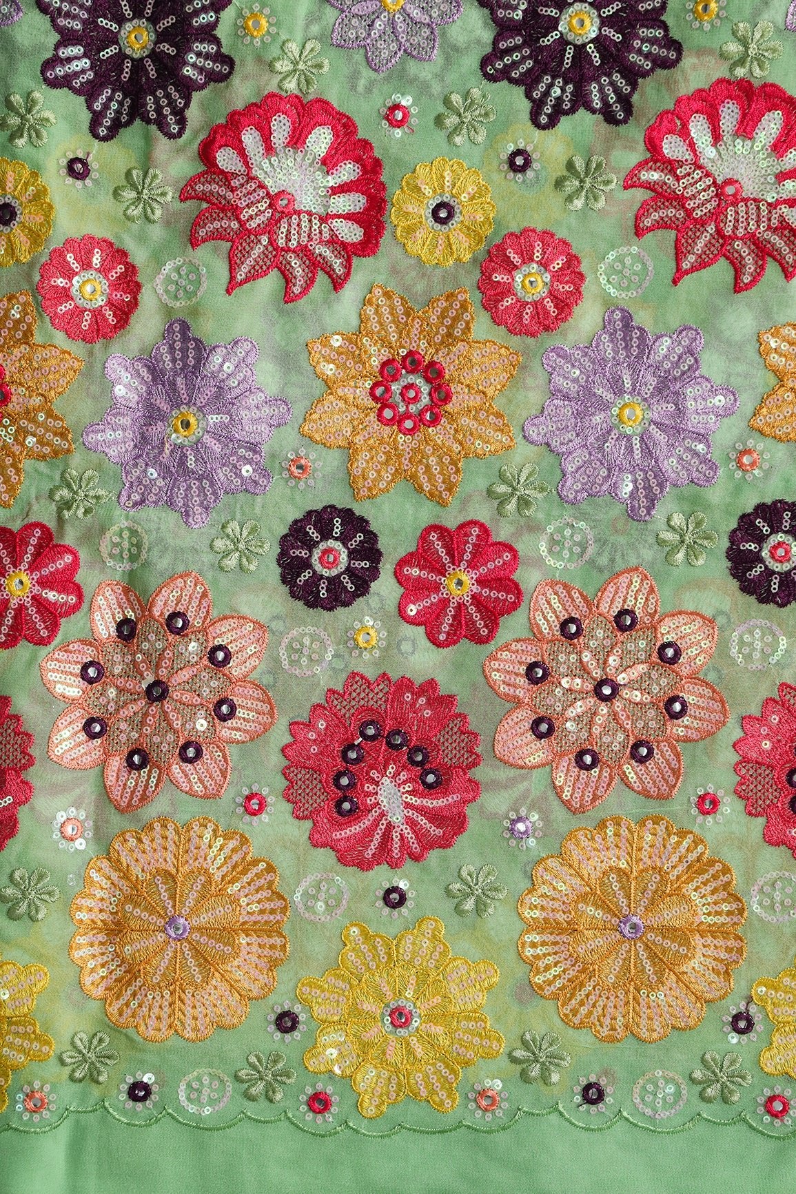 Big Width "52" Exclusive Floral Designer Embroidery With Faux Mirror On Olive Viscose Georgette Fabric - doeraa