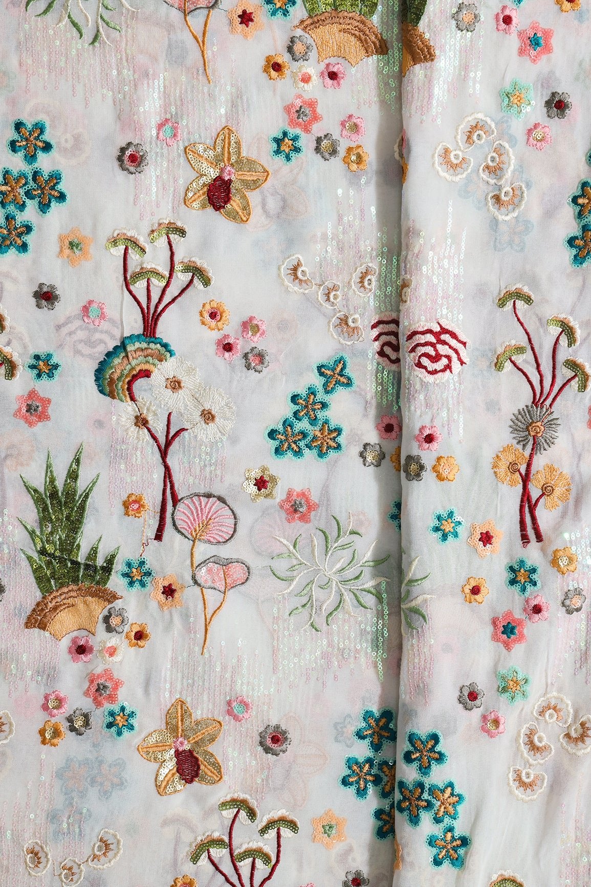 Big Width "52" Multi Sequins With Multi Thread Traditional Embroidery On Dyeable White Viscose Georgette Fabric - doeraa