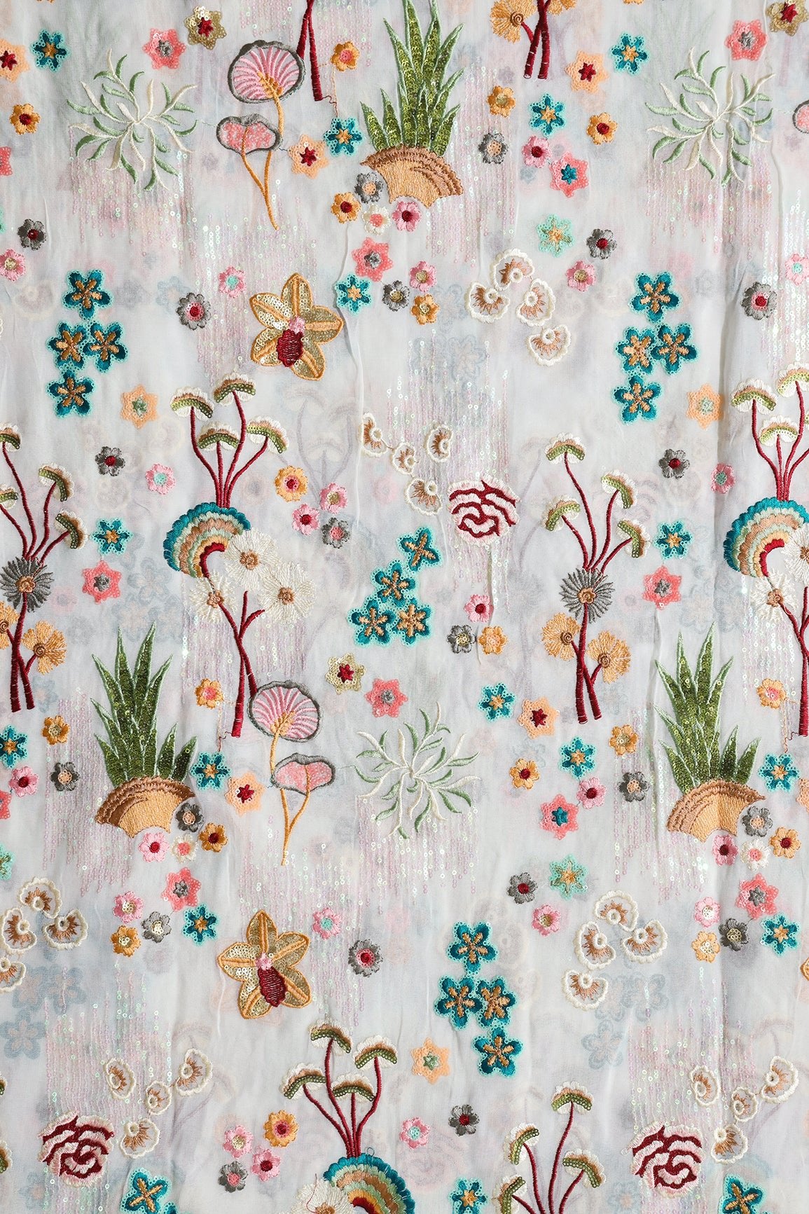 Big Width "52" Multi Sequins With Multi Thread Traditional Embroidery On Dyeable White Viscose Georgette Fabric - doeraa