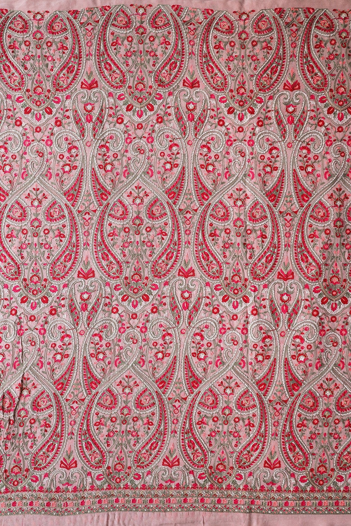 Big Width "52" Multi Thread With Zari Paisley Embroidery On Peach Viscose Georgette Fabric - doeraa