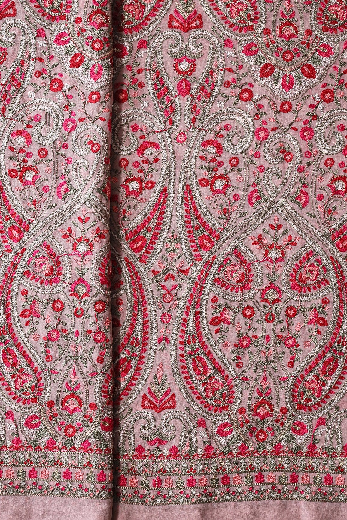 Big Width "52" Multi Thread With Zari Paisley Embroidery On Peach Viscose Georgette Fabric - doeraa