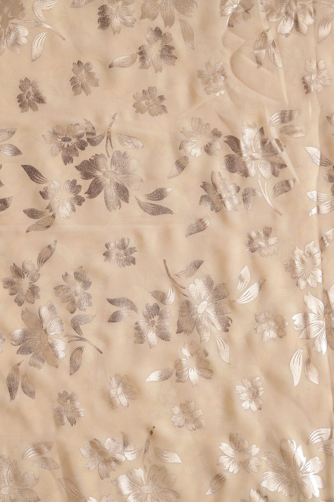 Big Width "56" Beautiful Floral Gold Foil Print On Beige Georgette Fabric - doeraa