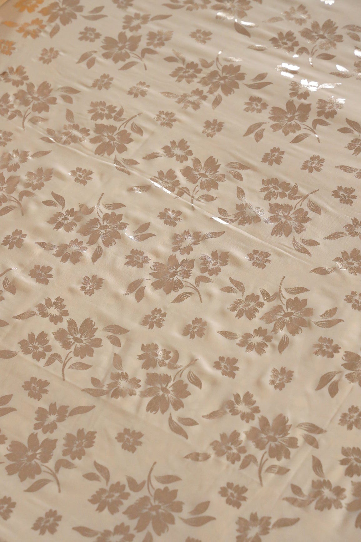 Big Width "56" Beautiful Floral Gold Foil Print On Beige Georgette Fabric - doeraa