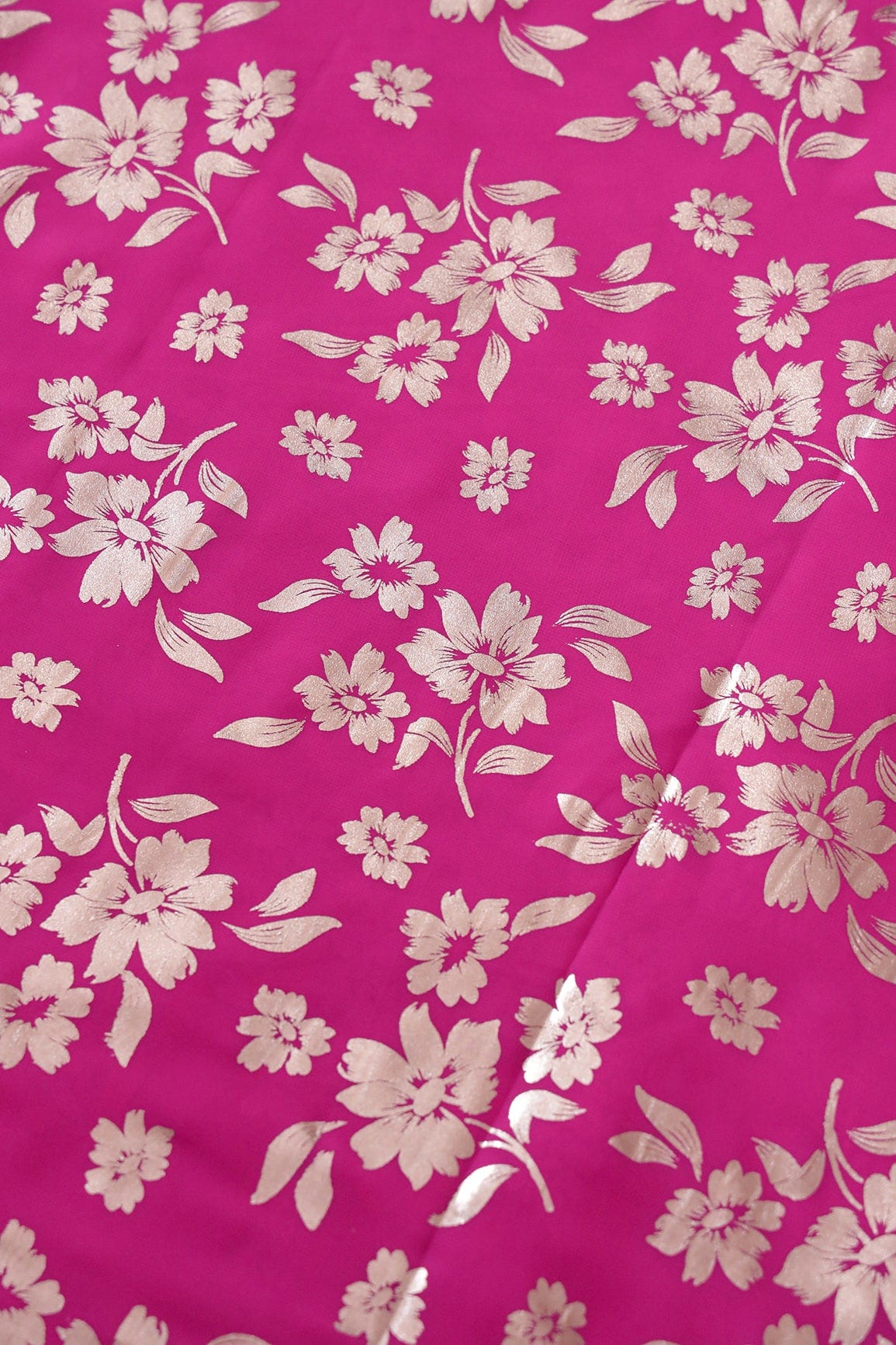 Big Width "56" Beautiful Floral Gold Foil Print On Fuchsia Georgette Fabric - doeraa