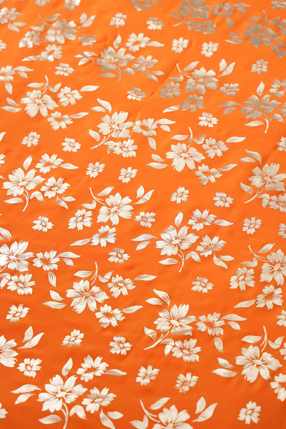 Big Width "56" Beautiful Floral Gold Foil Print On Orange Georgette Fabric - doeraa