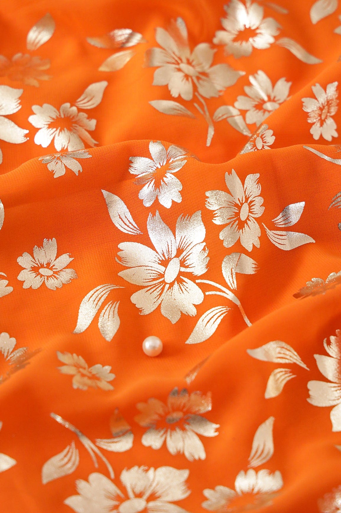 Big Width "56" Beautiful Floral Gold Foil Print On Orange Georgette Fabric - doeraa
