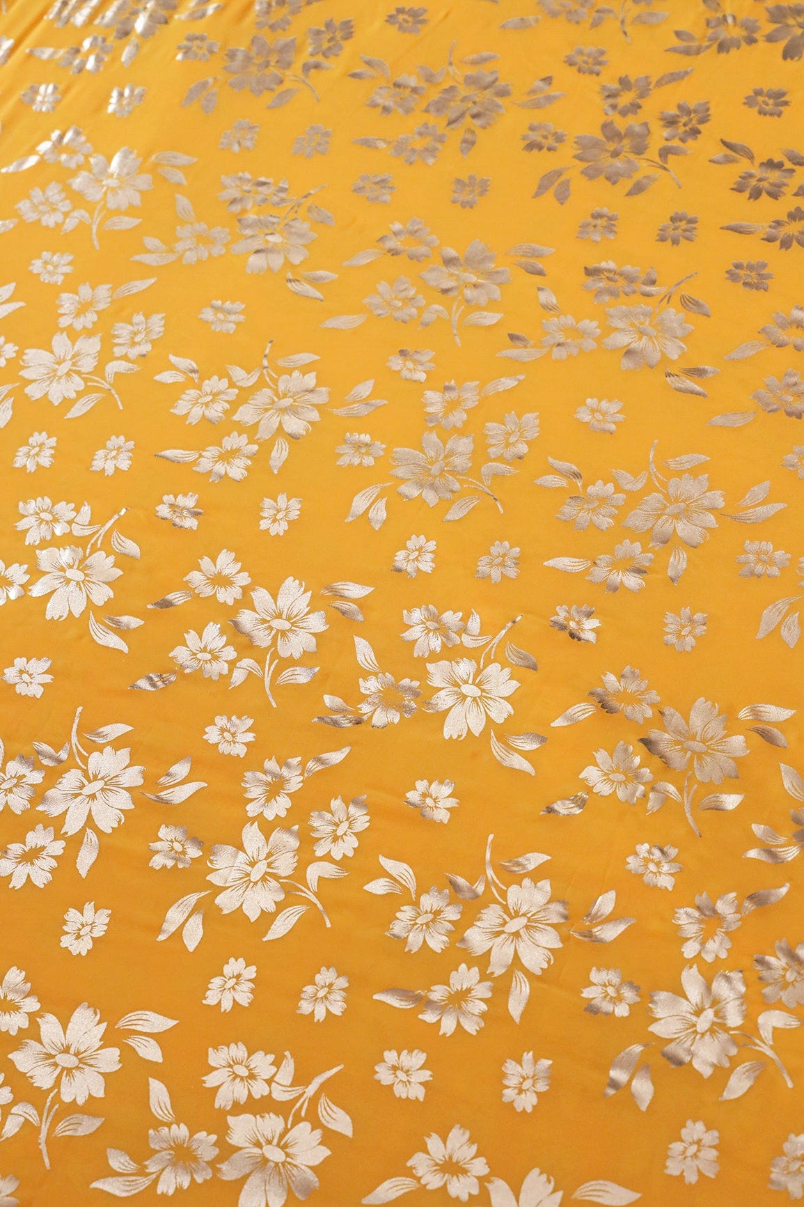 Big Width "56" Beautiful Floral Gold Foil Print On Yellow Georgette Fabric - doeraa