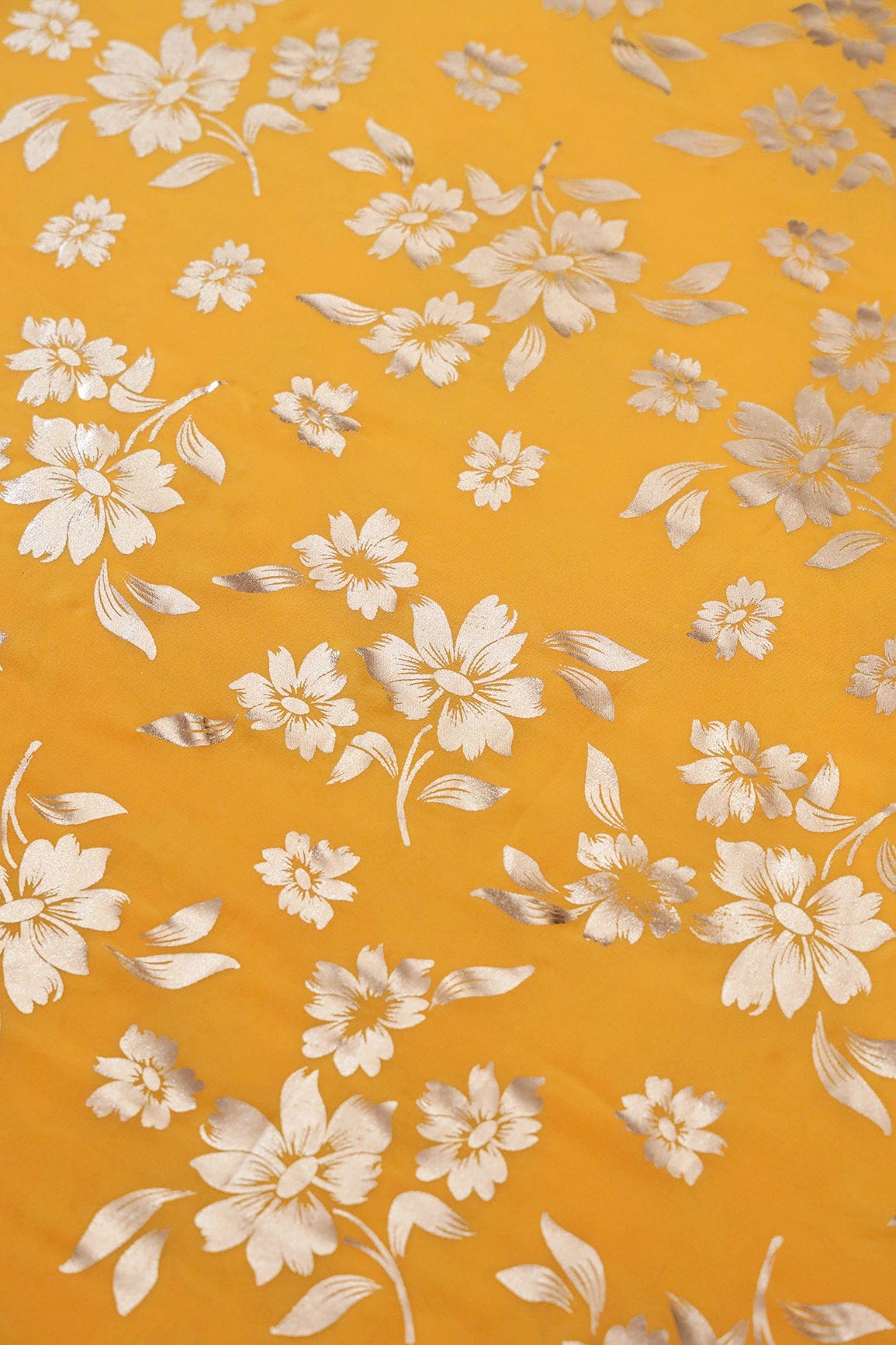 Big Width "56" Beautiful Floral Gold Foil Print On Yellow Georgette Fabric - doeraa