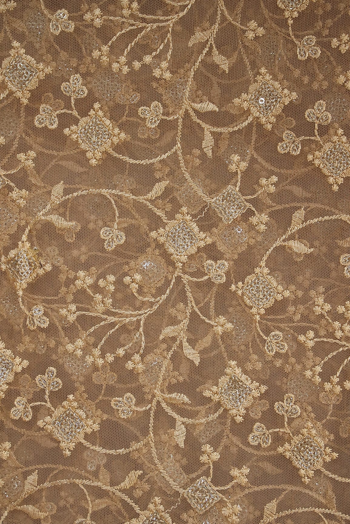 Big Width "56" Cream Thread With Gold Sequins Beautiful Floral Embroidery Work On Light Beige Soft net Fabric - doeraa