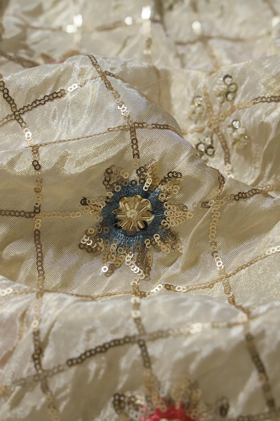 Big Width 56 Gold Sequins With Beads Checks Embroidery On Dyeable Viscose Zari Tissue Fabric With Floral Border - doeraa