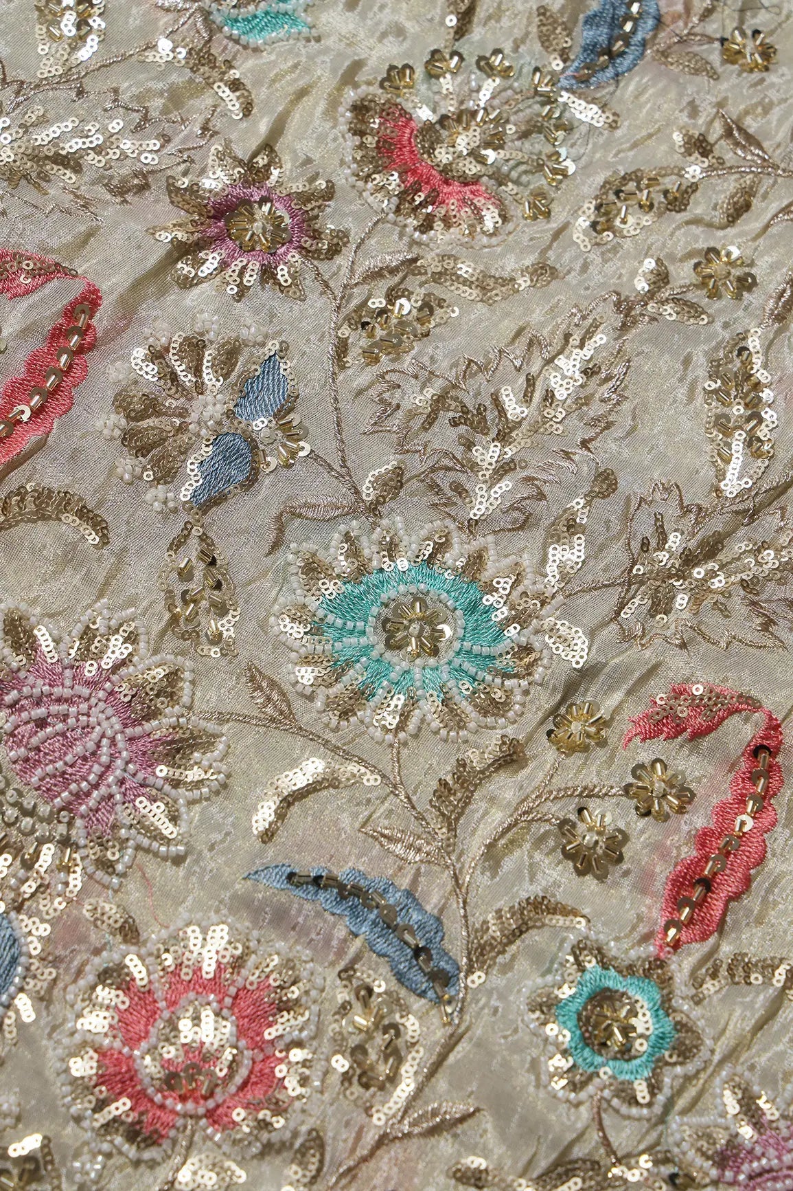 Big Width 56 Gold Sequins With Beads Checks Embroidery On Dyeable Viscose Zari Tissue Fabric With Floral Border - doeraa