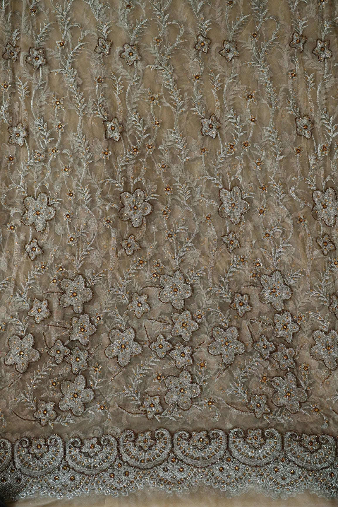 Big Width "56" Handwork Embroidery on Beige Soft net Fabric - doeraa