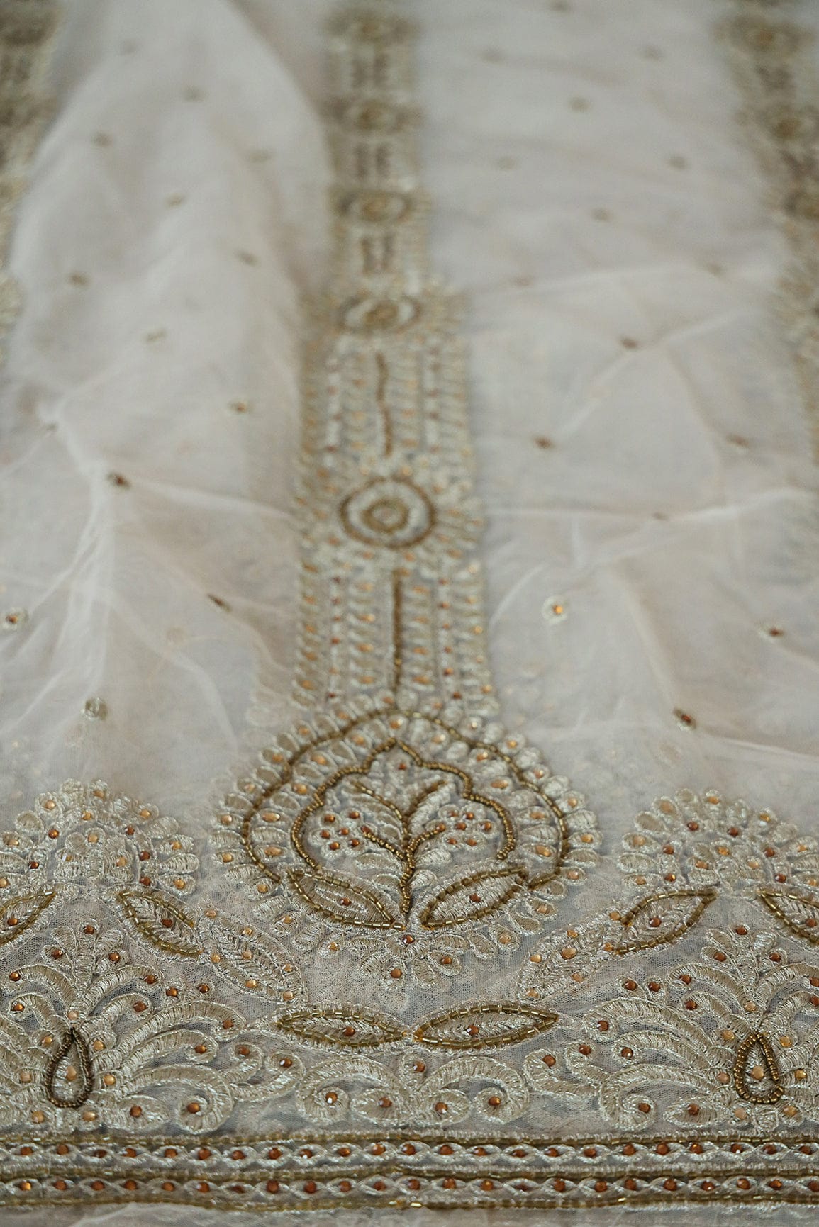 Big Width "56" Handwork Embroidery on Beige Soft net Fabric - doeraa