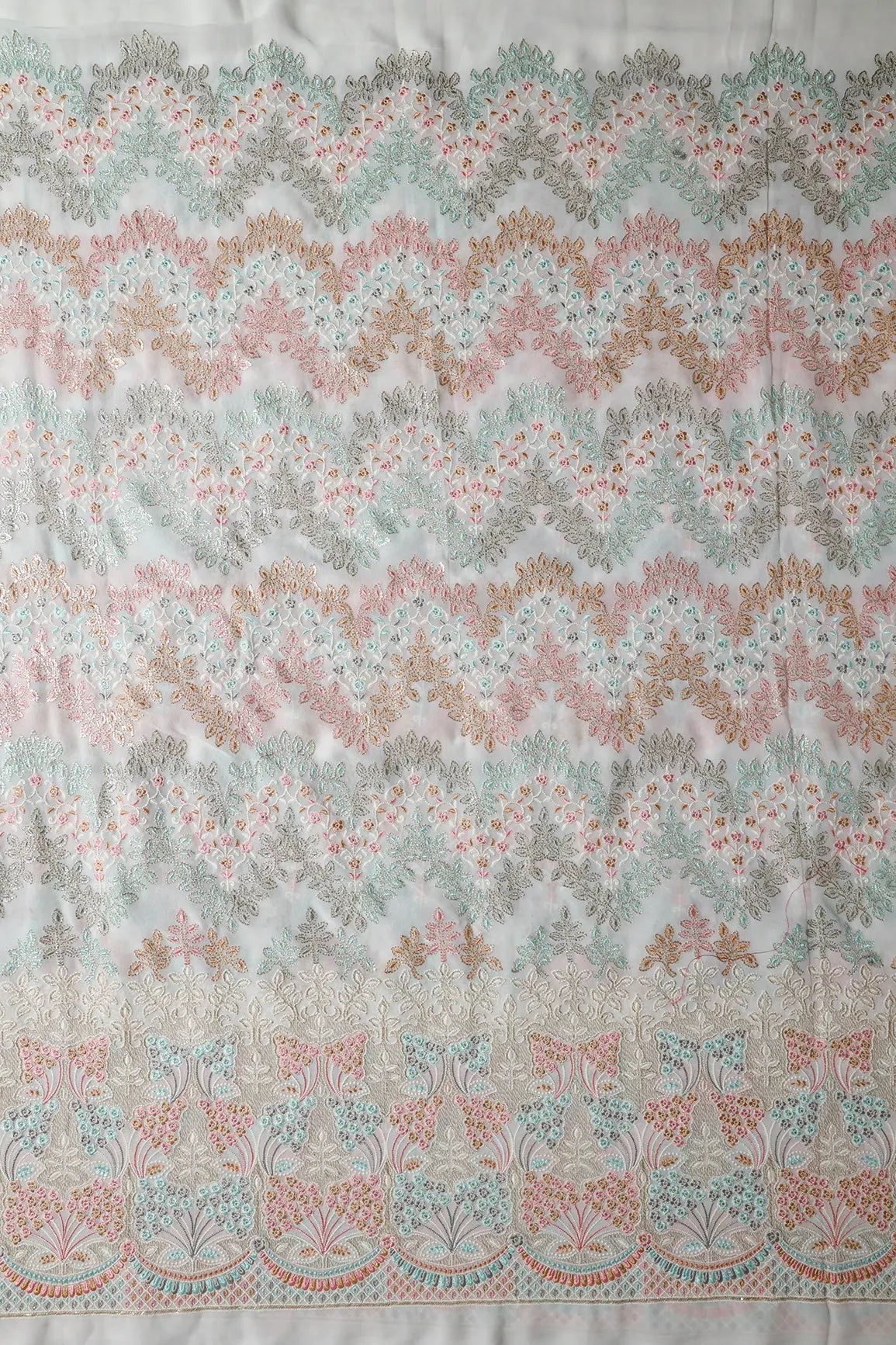 Big Width "56" Multi Color Pastel Thread Floral Embroidery On Dyeable White Viscose Georgette Fabric With Border - doeraa
