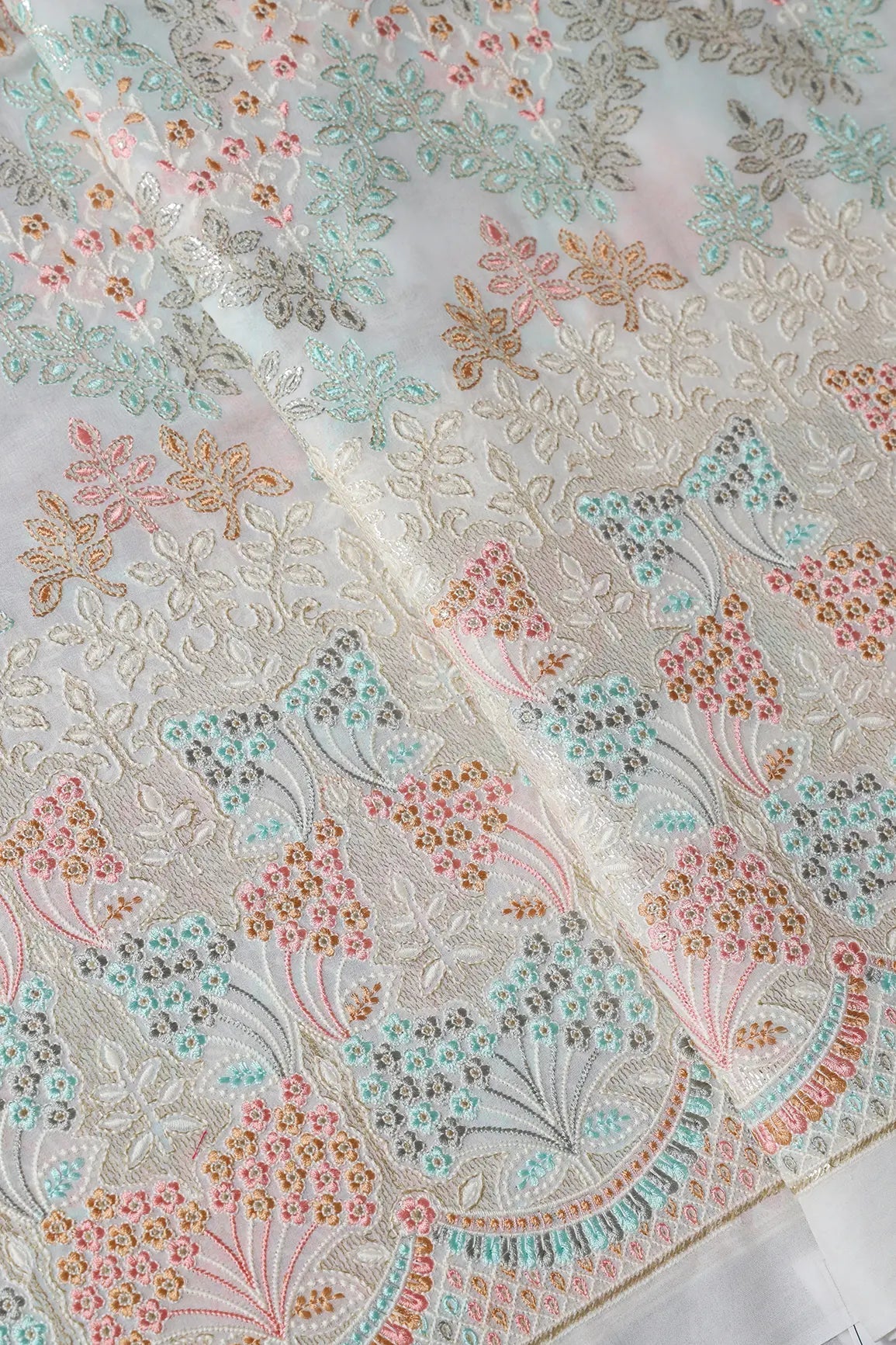 Big Width "56" Multi Color Pastel Thread Floral Embroidery On Dyeable White Viscose Georgette Fabric With Border - doeraa
