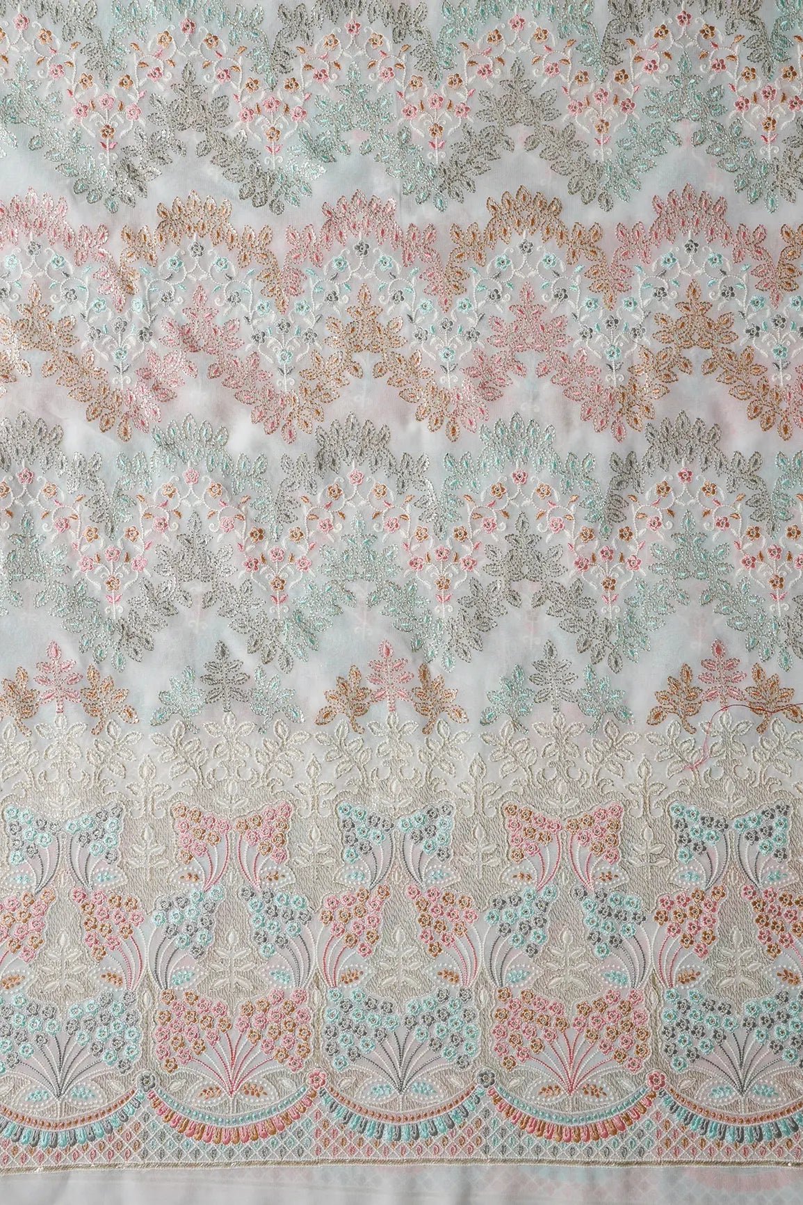 Big Width "56" Multi Color Pastel Thread Floral Embroidery On Dyeable White Viscose Georgette Fabric With Border - doeraa
