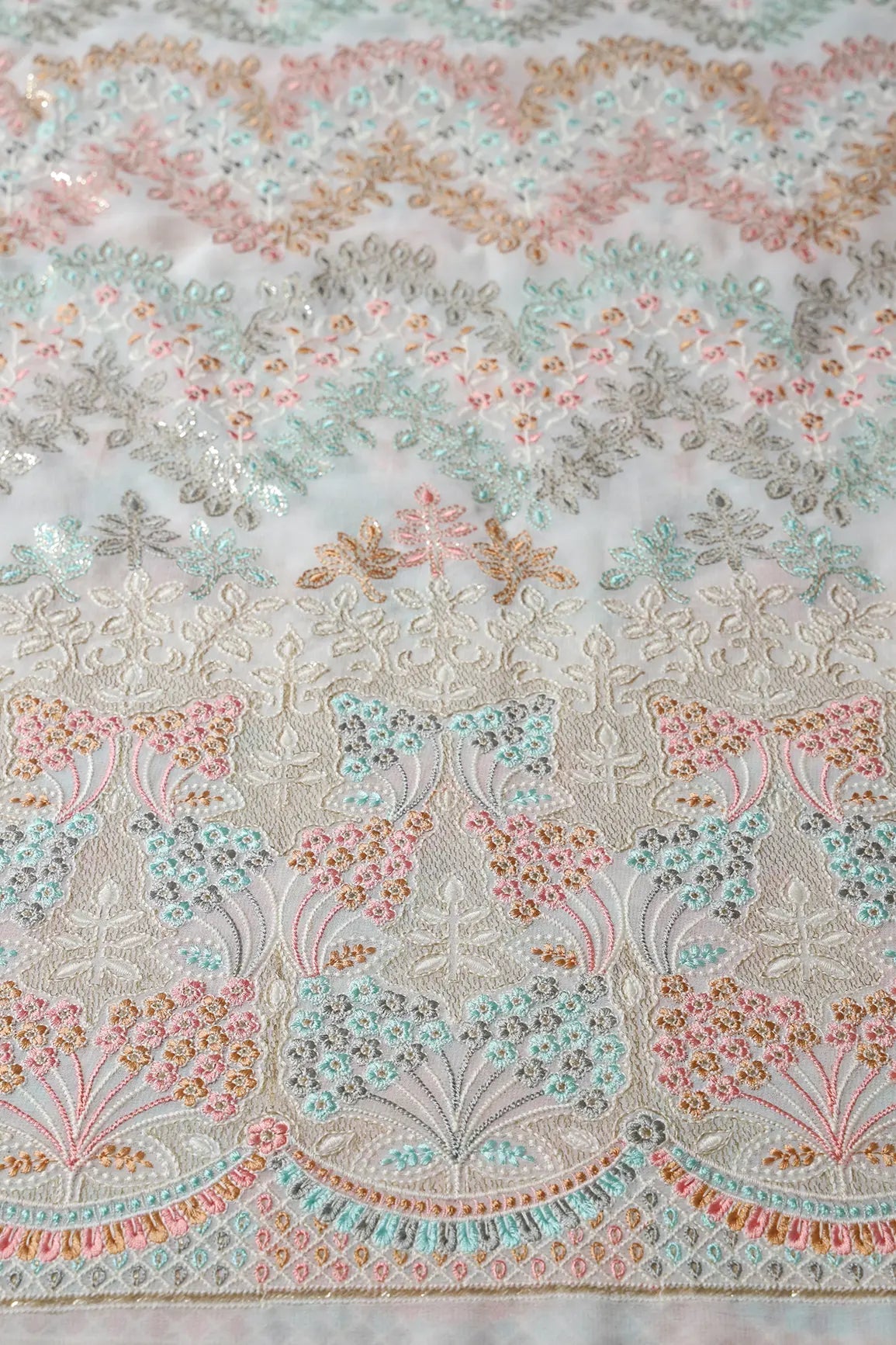 Big Width "56" Multi Color Pastel Thread Floral Embroidery On Dyeable White Viscose Georgette Fabric With Border - doeraa