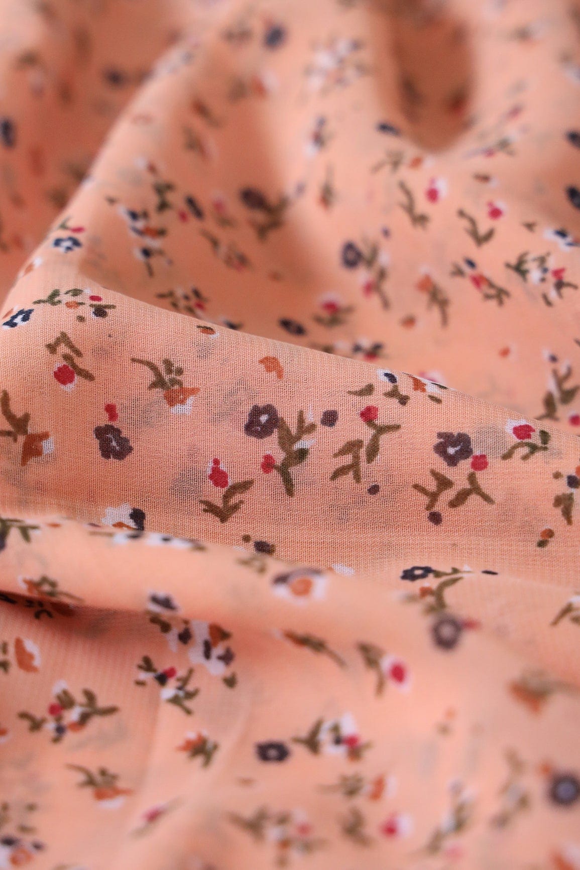 Big Width "56" Multi Color Small Floral Digital Print On Peach Georgette Fabric - doeraa