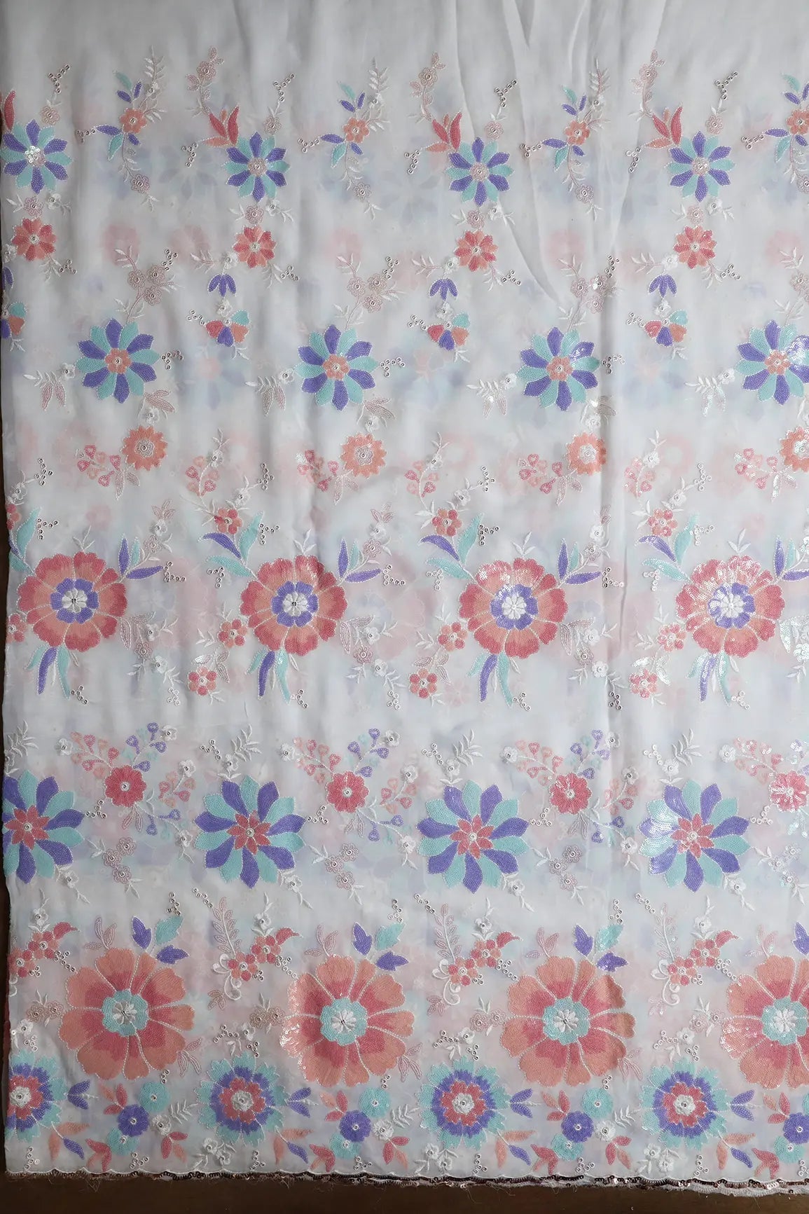 Big Width "56" Multi Sequins Beautiful Floral Embroidery On White Viscose Georgette Fabric - doeraa