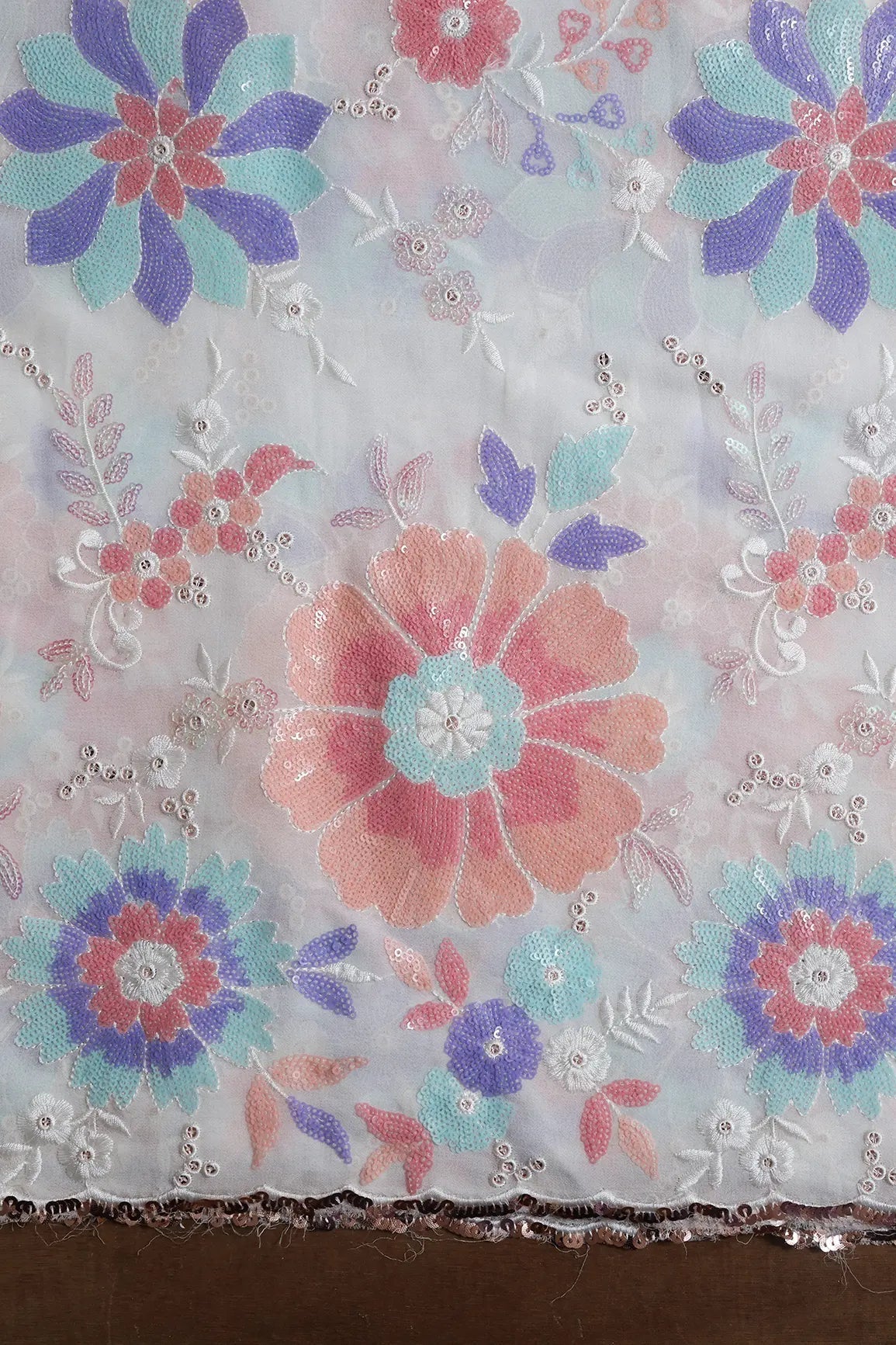 Big Width "56" Multi Sequins Beautiful Floral Embroidery On White Viscose Georgette Fabric - doeraa
